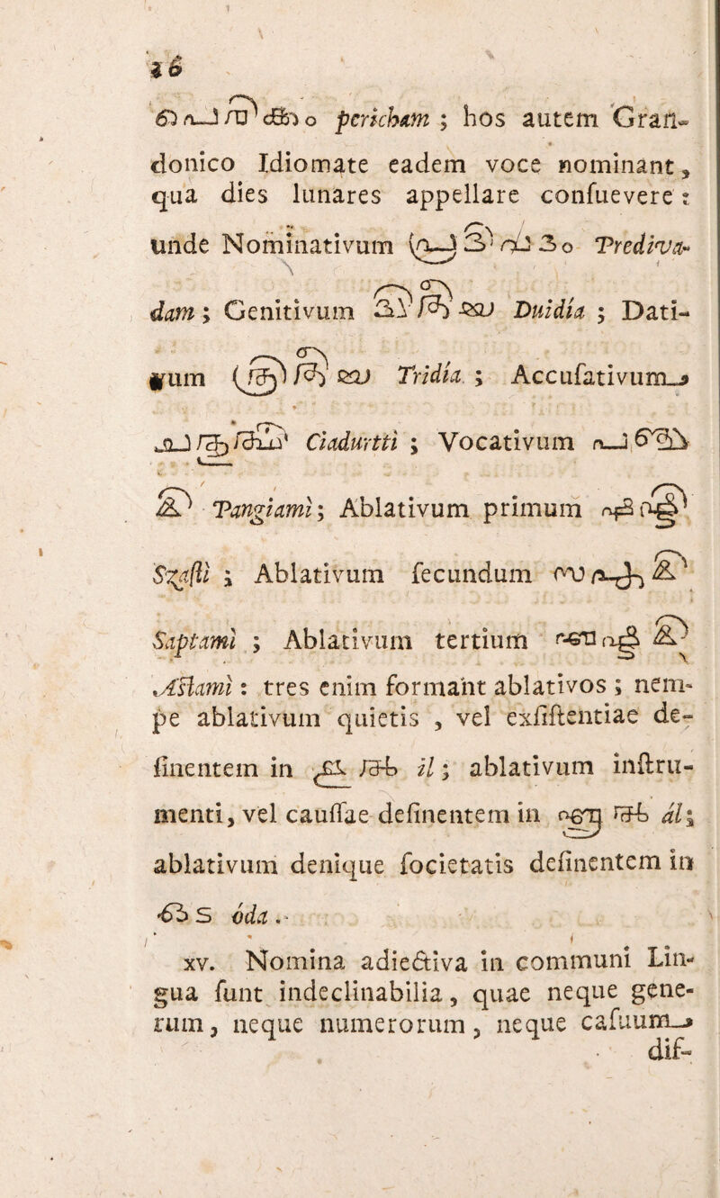 Si o pmcbifn ; hos autem Gran- * V..- * donico Idiomate eadem voce nominant, qua dies lunares appellare confuevere ? unde Nominativum ta-J3jrd3o Trediva» \ dam ; Genitivum 2x\ /3y Duidia ; Dati¬ vum /3) Tridia.\ Accufativum-j» • t'r ? • - ; Ciadurtti ; Vocativum o-J 6V^ •i. • • ■ u Tangi ami; Ablativum primum *f3o^ iS^/Zi i Ablativum fecundum Saptaml ; Ablativum tertium r*^o^ ^ \A'slami: tres enim formant ablativos ; nem¬ pe ablativum quietis , vel exliftentiae de¬ linentem in <£^ /3~h il• ablativum inftru- menti, vel cauffae delinentem in ogrj ablativum denique focietatis delinentem in s vda . - * * < xv. Nomina adiedtiva in communi Lin¬ gua funt indeclinabilia, quae neque gene¬ rum, neque numerorum, neque callium-» dif-
