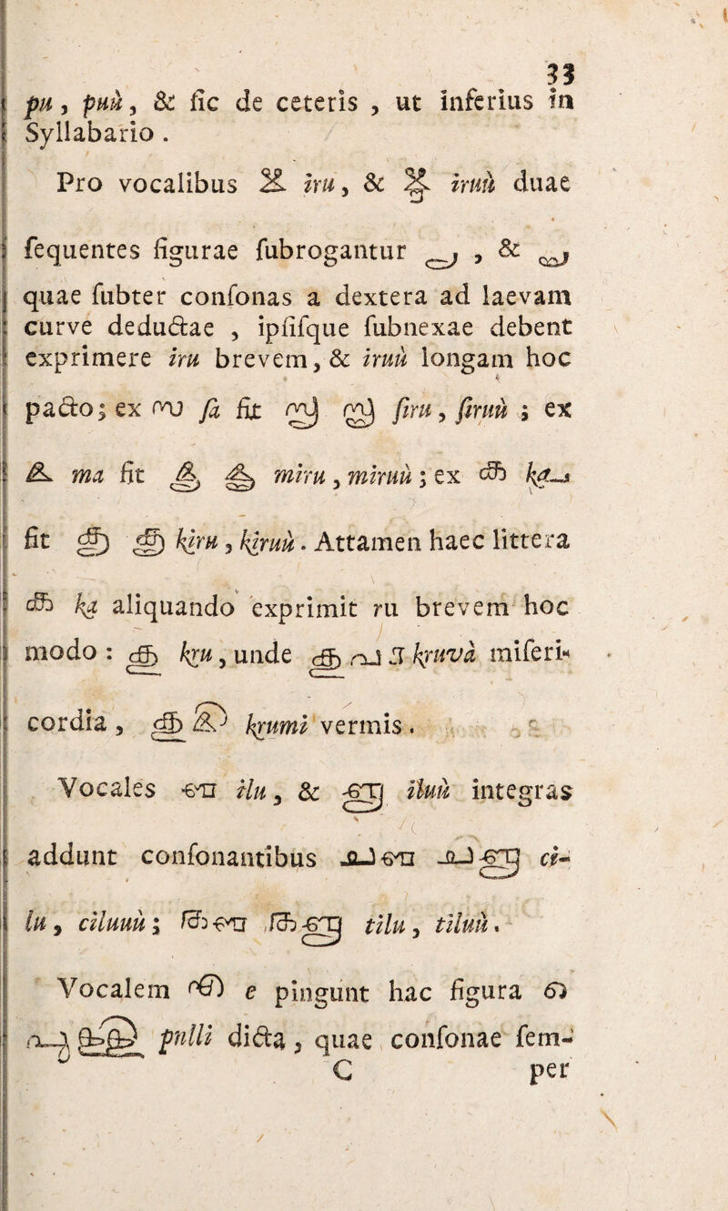 I 33 , pHu, Sc fic de ceteris , ut inferius in Syllabario . Pro vocalibus 21 ini, Sc X imi duae Rr c—J * Q&J fequentes figurae fub rogantur quae fubter confonas a dextera ad laevam curve dedudae , ipfifque fubnexae debent exprimere iru brevem iruu longam hoc i . ‘ , 4; i padosexrnj fa fic roj ftru, firim ; ex iL ma fit & miru , mzruu; ex db fit ^#) ^) 3 kiruu. Attamen haec littera 1  ’ “-•* *. * t»;' * \ : c9b bg aliquando exprimit ru brevem hoc | modo : c§) kru 5 unde nJ J kyuva mi fer i* I» ( cordia 5 krumi vermis. iluu integras J c : : Vocales -eri ilu 3 & addunt confonantibus ci- & 5 cilmui fcb-eu tiluu. Vocalem e pingunt hac figura d) o-4 /wW* di da 3 quae confonae fern- G per \