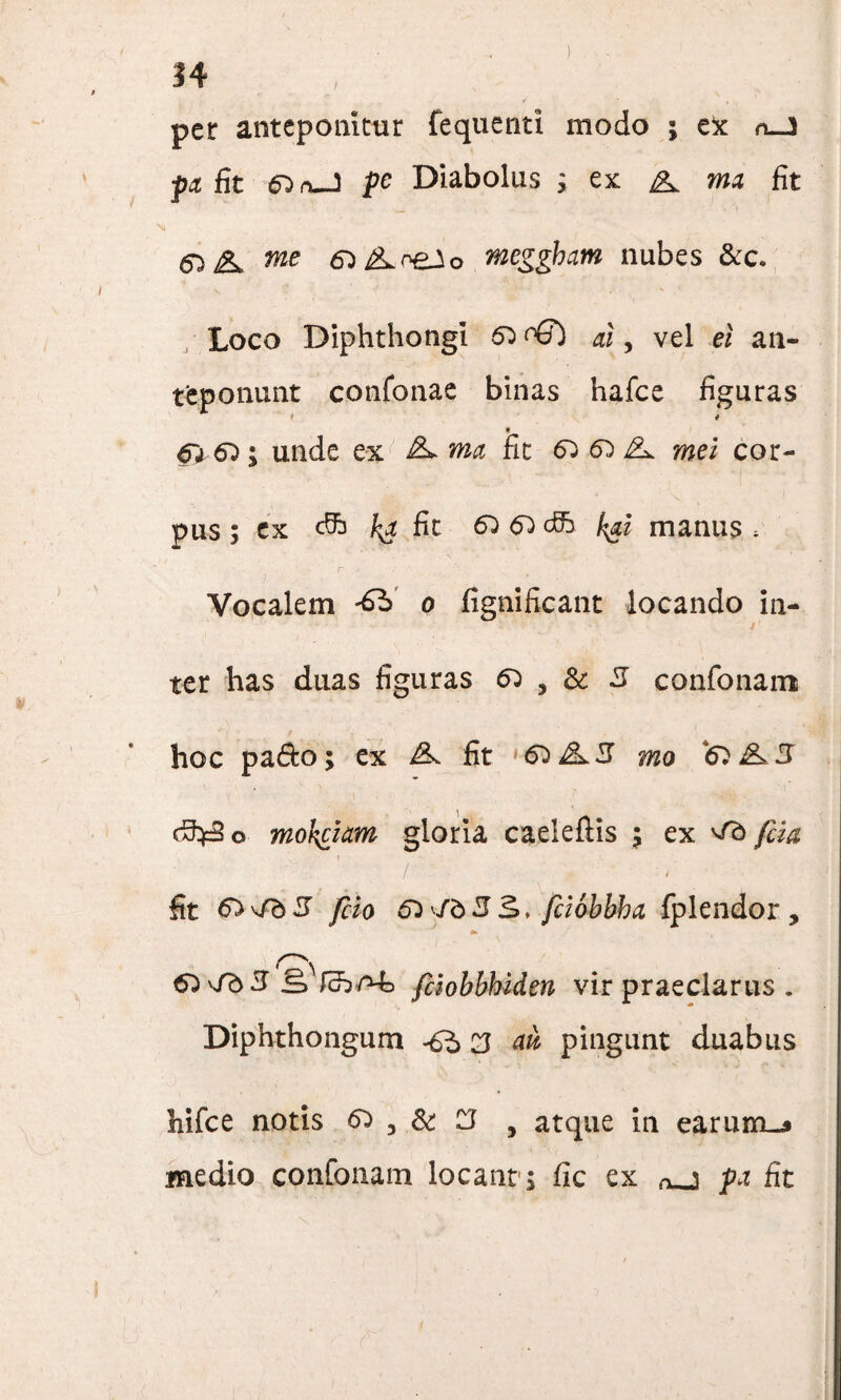 ) H per anteponitur fequenti modo ; ex n__5 pa Et 6iruJ pe Diabolus ; ex ma fit 6iK m e 6lS^^e3 o meggham nubes &c. Loco Diphthongi 61 eff) ai, vel ei an¬ teponunt confonae binas hafce figuras $ 6161; unde ex ma fit ^ 6^ £L mei cor¬ pus ; ex c9b ^ fit 61 61 dh kgi manus * Vocalem &>' o fignificant locando in- j ' ■ ter has duas figuras 61 , & 3 confonam hoc pa&o; ex fit 6i£L3 mo o mokciam gloria caeleftis ; ex '/b fiia / / fit 61^fb3 fcio 61 ^/b 3 3>, fciobbba Iplendor , 61^3 s> fciobbhiden vir praeclarus . Diphthongum ^6^ au> pingunt duabus hifce notis 61 3 &: 3 5 atque in earum-» medio confonam locant' j fic ex aj p& fit
