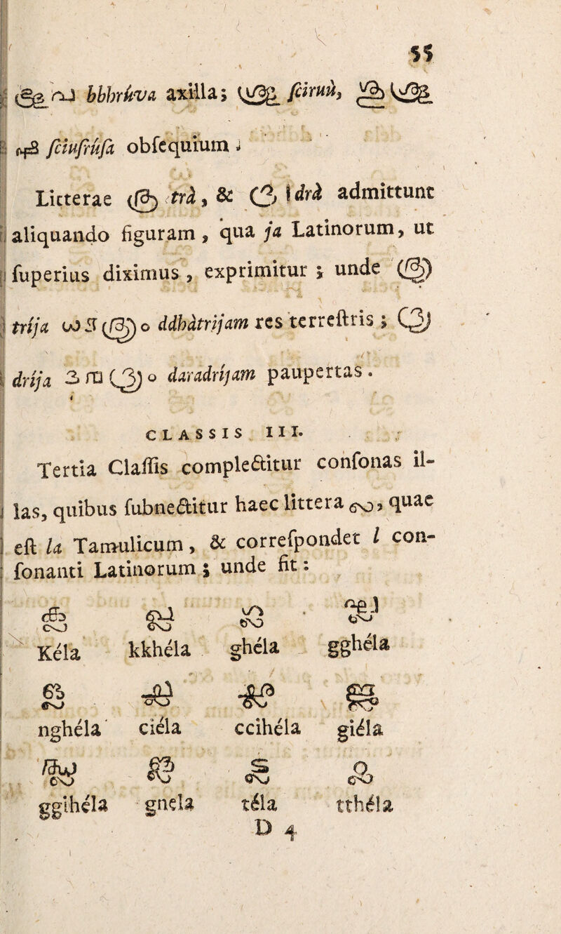 bbbrbva axilla; fiiruA, ‘I’-' ? (^3 fciufiufa obfequium J Licterae & (3 idrd admittunt aliquando figuram, qua /a Latinorum, ut fuperius diximus, exprimitur ; unde (£g) ' ' ** X Q . . * l ttija uo 3 o ddbatrijam res terreftiis > Q3J I ' %V-: . i 3 ro o daradnjam paupertas. i CLASSIS III- Tertia Claffis complebitur confonas ii- las, quibus fubneditur haec littera quae eft U Tamulicum, & correfpondet / con- fonanti Latinorum ; unde fit: <£b Ov) & CND Kela kkhela ghela * > ggheia •&? nghela ciela ccihela gi&a Khjj Cv) U S» <S\j o, co egihela gnela tdila tth&a