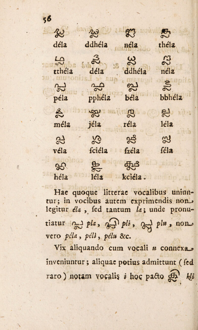 5« & S&3 ■ m OV> dei a ddhela nela i; i ii' A •.; ‘ . thela Ln 3 OO eo r3 6SJ tthela d<Ha ‘ 4 * ddhela nela n_J - > * A- o_Q cro ©oA eo S <3V/ pela pph^la bela bbhela <7^> ra GV> eJ c\>* mela jela rela lela aA OSJ vela fci&a fzela fela n_0 oo - «fs3 - ‘ hela Ida kciela - Hae quoque litterae vocalibus uniun¬ tur; in vocibus autem exprimendis noiu legitur iU , fed tantum U\ unde pronu- tiatur pia, pii, plu , non-? vero pela, feli, &c. Vix aliquando cum vocali u connexa-? yiiH J • Jf/ . ■* l inveniuntur; aliquae potius admittunt ( fed raro) notam vocali? i hoc pafto h[i