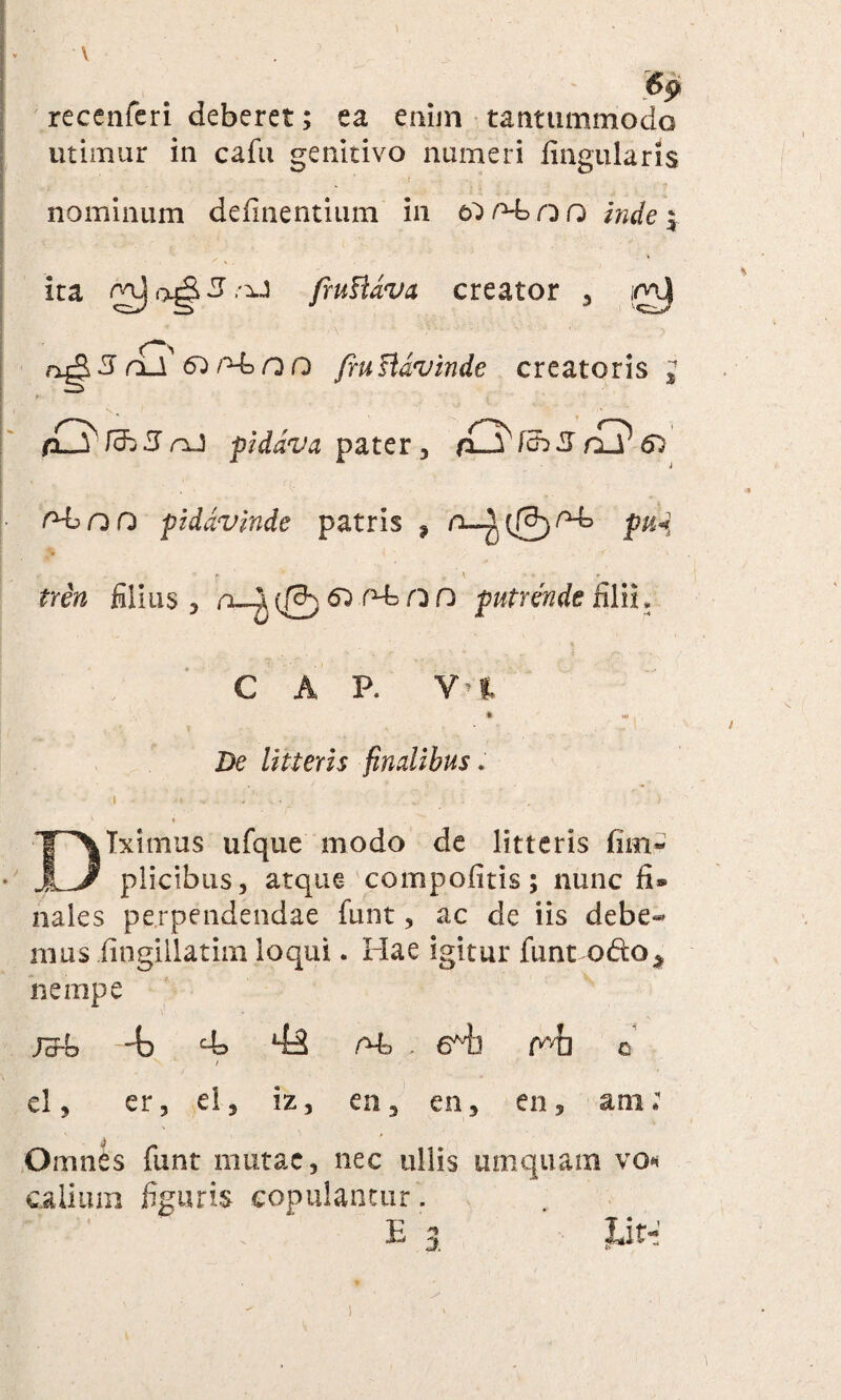 recenferi deberet; ea enim tantummodo utimur in cafu genitivo numeri fingularis nominum definientium in 6^00 inde $ ita fiuHdva creator , mj f—«, i fiusldvinde creatoris j ^ fifr 3 rvJ piddva pater , fQ' fib 5 aJr /°-bnO ptddvinde patris , pa« JBf _ ly- . ' f ' * f ' • ..«■ *• ‘ * ' _f fre'« filius, n_3, (f3j 53 P-fc n D putrende filii, C A P. V f. * M JDe litteris finalibus: I • - .. - < '' , • j _ , ' Diximus ufque modo de litteris fim« plicibus, atque compofitis; nunc fi® nales perpendendae funt, ac de iis debe¬ mus iingiilatim loqui. Hae igitur funt odo * nempe jaJo -t 4> 43 r4> . e*h rb c / el, er, el} iz, en3 en, en, ani; Omnes funt mutae, nec ullis umquam vo« calium figuris copulantur.