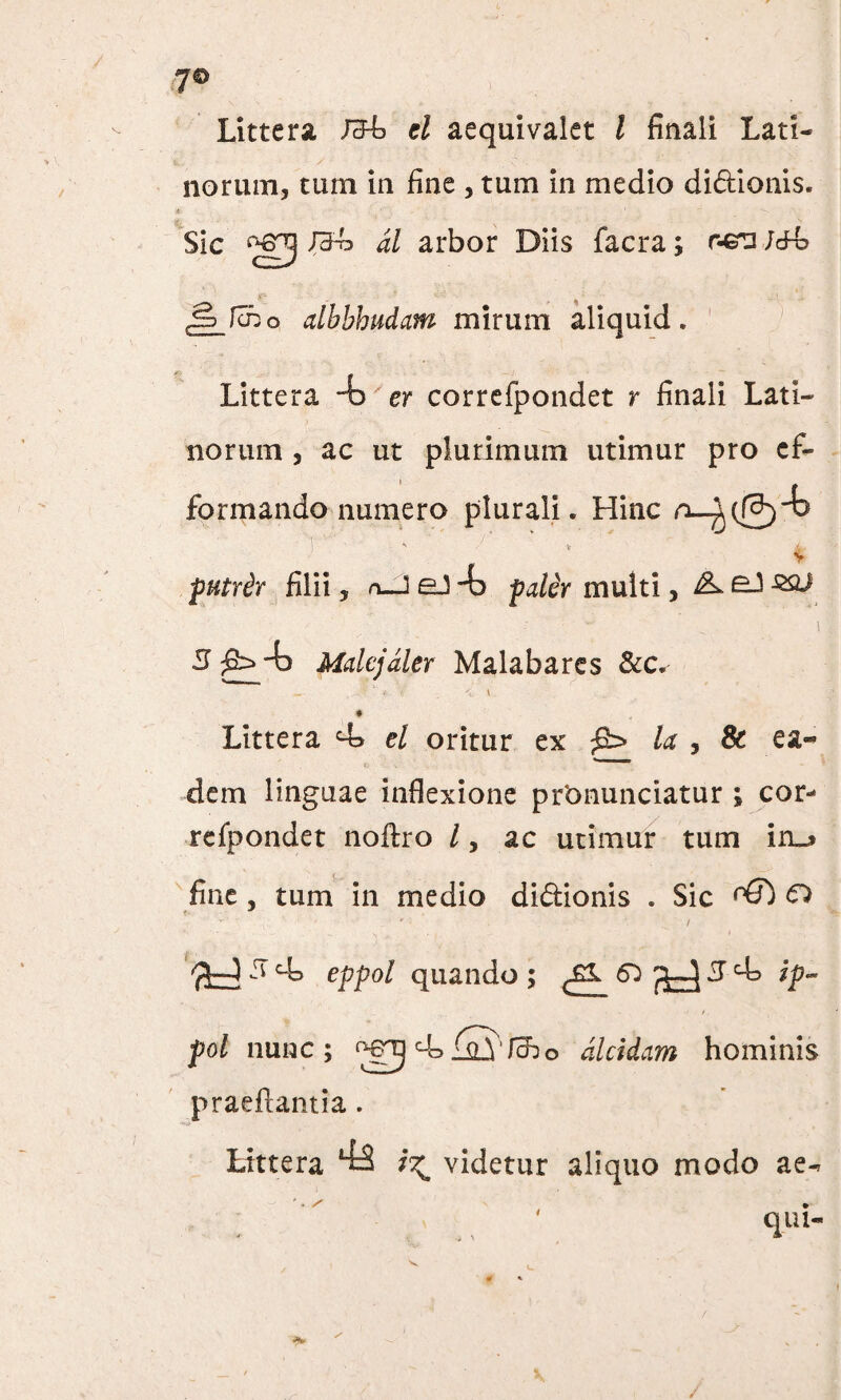 Littera Bb el aequivalet l finali Lati¬ norum, tum in fine , tum in medio di&ionis. Sic Bh al arbor Diis facra; r-eru Jdh ^ fcbo dbbhudam mirum aliquid. Littera *b er correfpondet r finali Lati¬ norum , ac ut plurimum utimur pro ef- formando numero plurali. Hinc n_^(f9)-b i ' / V £ putrir filii, «-J eJ -b paler multi, A £-3 i 5 ;£> ~b Mdejdler Malabarcs &c. - ' V - t Littera e/ oritur ex ta , 8c ea¬ dem linguae inflexione prbnunciatur ; cor¬ refpondet noftro l, ac utimur tum iro fine, tum in medio di&ionis . Sic °&> O . # , • / ■ . ■ ad5 eppol quando ; ^ 5) '}rJ\ 3 ip~ fol nunc ; rJo jjLV fdbo dlcidam hominis praedantia . Littera ^ videtur aliquo modo ae- . ’ llui-