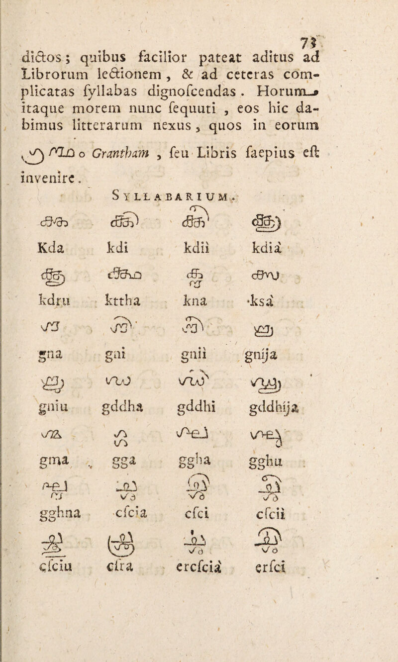 di&os; quibus facilior pateat aditus ad Librorum le&ionem , & ad ceteras com- * plicatas fyllabas dignofeendas . Horum-* itaque morem nunc fequuti , eos hic da¬ bimus litterarum nexus 5 quos in eorum /TLo o Grmtbam 3 feu Libris faepius eft mvemre. S YLLA.BARIUM . <£f^cb i - tftfi' Kda kdi kdii kciia cSKd c£b OT cBnj» kdrii kttha kna •ksa \T3 '5“ gni gnii gnija VU>  N */ur gniu gddha / gddhi gddhija ^AeJ VA£^ gma gg* gg'u gghu Oi La$ Vo <t-n _sU 3*5 gghna •efeia efei r •* ctcit JlI v/d v/ b c:fcm cfra erefeia erfd