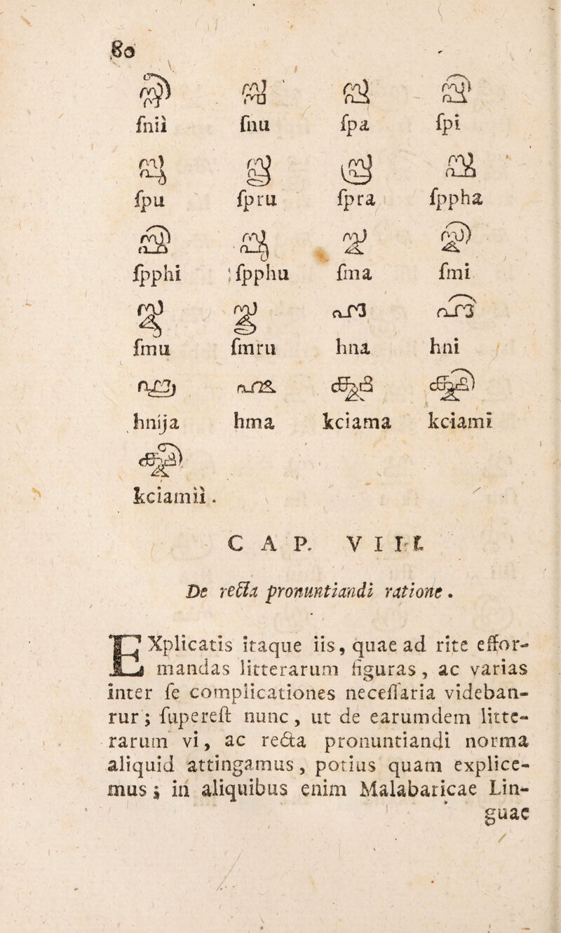 \ .80 ; \. <3*>v M ■' , & fnii fnu fpa fPi «1 rx.n fpu fpru fpra fppha AlJ Ipphi Jfpphu fnia fmi m) 4 frnu g fmru hna hni nJT& cG^£) fonija hma kciama kciamt <# 1 kciamii. CAR VI II • ) De retta pronuntiandi ratione . Explicatis itaque iis, quae ad rite effor- mandas litterarum figuras, ac varias inter fe complicationes neceffaria videban- rur; fupereft nunc, ut de earumdem litte¬ rarum vi, ac redta pronuntiandi norma aliquid attingamus, potius quam explice¬ mus » iri aliquibus enim Malabaricae Lin- 1 * guac / /