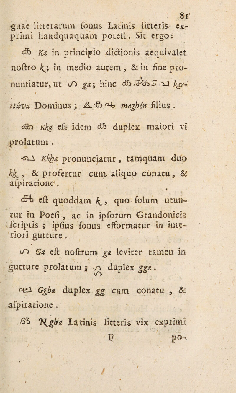 di guae litterarum fotius Latinis litteris ex¬ primi haudquaquam poteft. Sit ergo: d5b Ka in principio di&ionis acquivalet noftro 4j in medio autem, & in fine pro- 4. y J nuntiatur, ut ga\ hinc dh f&dsS nJ /^r- \ • • - v •_ + ■ •• ’ > \ ttarva Dominus; Acfib^4 maghen filius. 08^ eft idem dft duplex maiori vi prolatum . Kkfca pronunciatur, tamquam duo 4 kL* & profertur cum. aliquo conatu, & afpirationeL t 1 > * dffc eft quoddam , quo folum muti- •«* ■ , ’ / tur in Poefi , ac in ipforum Grandonicis feriptis ; ipfius fonus efformatur in inte¬ riori gutture. 1/^ Ga eft noftrum ga leviter tamen in gutture prolatum; Ggba duplex gg cum conatu , & afpiratione. / ■ £& 'Qghd Latinis litteris vix exprimi F “ po*'4. / , ’ ' -,v ■ - > duplex gga. «■