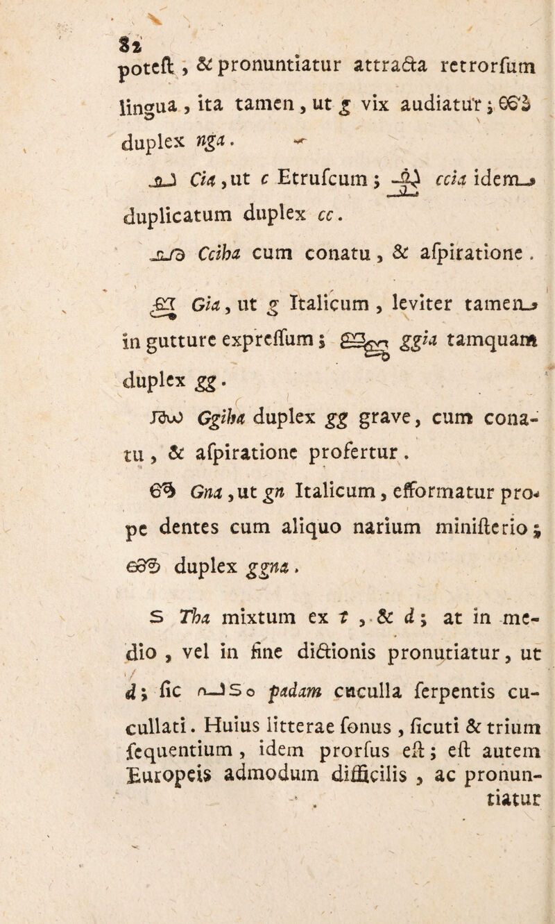 32 poteft , & pronuntiatur attra&a rctrorfum lingua , ita tamen, ut g vix audiatur; duplex nga. jl3 Cfa, ut r Etrufcum ; rrw idenu» duplicatum duplex cr. jl/b Ccik cum conatu, & afpiratione . \ ■fiiT Gw, ut g Italicum , leviter tamen.» ■—® ° in gutture exprcffum 5 tamquam duplex gg. Jdu) Ggiba duplex gg grave, cum cona¬ tu , & afpiratione profertur. 6^ G/w ,ut gn Italicum, efformatur pro-* 1 pc dentes cum aliquo narium minifterio* 6o?> duplex ggna» S rta mixtum ex t , & d; at In me¬ dio , vel in fine di&ionis pronutiatur, ut •/ d\ fic n—3 5 o fadam cuculla ferpentis cu- cullati. Huius litterae fenus , ficuti & trium fcquentium, idem prorlus efl; eft autem Europds admodum difficilis , ac pronun- * . tiatur