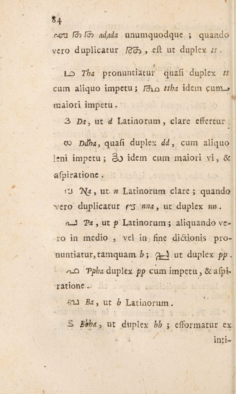 f S4 r-GT3 /cb /cb adfida unumquodque ; quando vero duplicatur /Bch , efl: ut duplex tt. . LD pronuntiatur quafi duplex tt cum aliquo impetu; /3Ln ttha idem cum-> maiori impetu. « 3 Bz? ut d Latinorum, clare effertur . 0 _ - / _ . co Ddhct, quafi duplex dd, cum aliquo u ' ' 'f ■ • ' • ■* •: leni impetu; §0 idem cum maiori vi, & 1 ; 1 afpiratione . rj ut Latinorum clare ; quando ycxo duplicatur rj tina, ut duplex m. n-J 7% , ut p Latinorum ; aliquando ve¬ ro in medio , vel in fine dictionis pro¬ nuntiatur, tamquam h; ^-4 ut duplex pp . e .» * . «o-O Tpha duplex pp cum impetu, & afpi- ratione,- . 'Rii Ba 3 ut 6 Latinorum. . * ~ ‘ \ , 4 - ' * x* Bbha 5 ut duplex bb ; effbrmatur ex , v, . ~^ -s. ... - X ' ■*' t ' • • mti- i ’ 1 i,