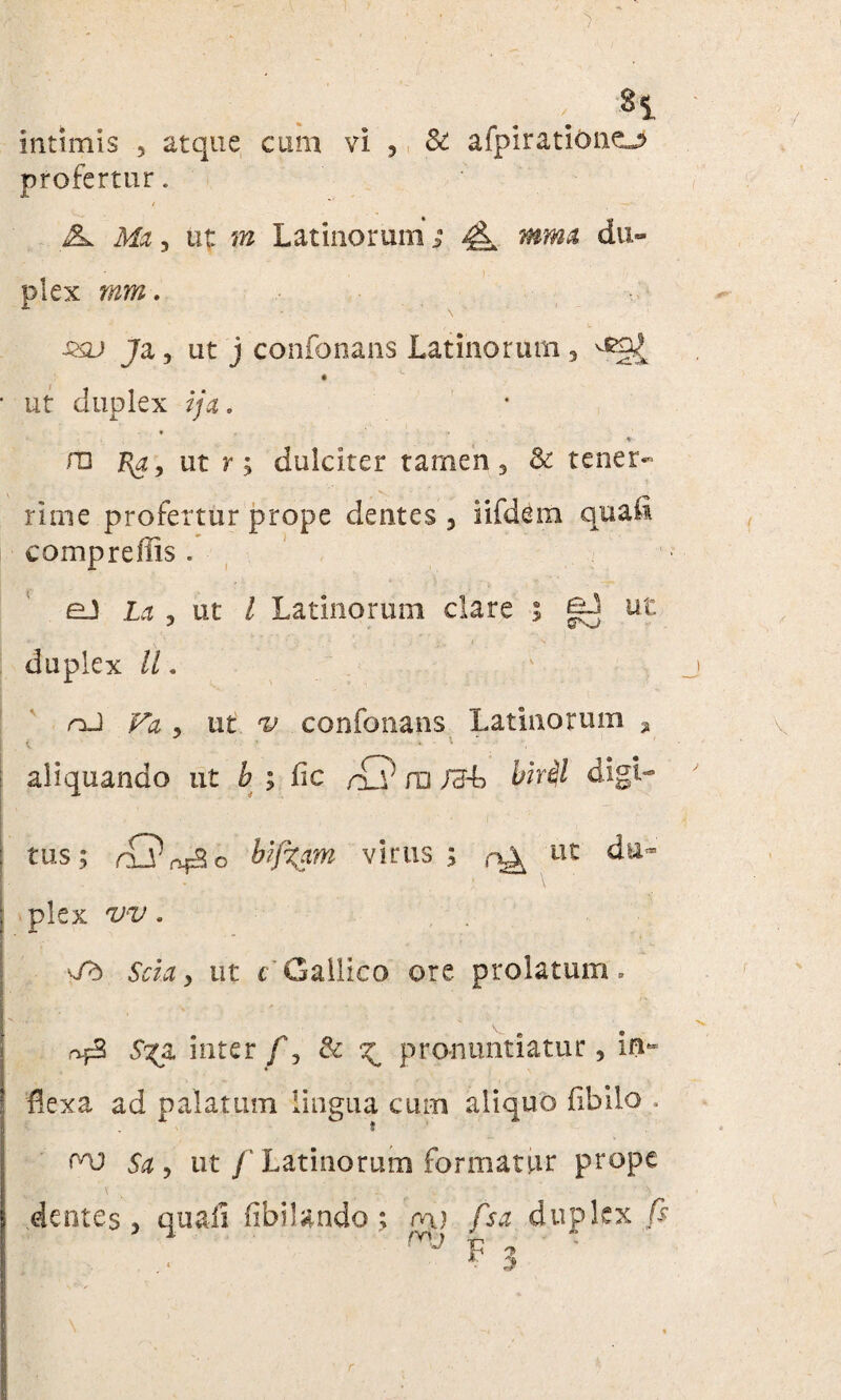 intimis , atque cum vi , & afpirationo profertur. A Ma, ut tn Latinorum; 4L mrm du¬ plex mm. sqj ]2l , ut j confonans Latinorum 3 ut duplex ija. • :• * n: Rg, ut r; dulciter tamen, & tener¬ rime profertur prope dentes , iifdem quafi eampreffis . eJ La , ut l Latinorum clare 5 ut duplex U. nJ , ut 'p confonans Latinorum , i aliquando ut £ ; fic ro /Ert> blril digi¬ tus; r£?nfS0 fcy^ywif virus; Llt plex w. , . 5VL?, ut c Gallico ore prolatum. V^a inter/', & ^ pronuntiatur, in¬ flexa ad palatum lingua cum aliquo fibilo . w Sa 9 ut f Latinorum formatur prope dentes, quali fibilando ; mj fsci duplex fs