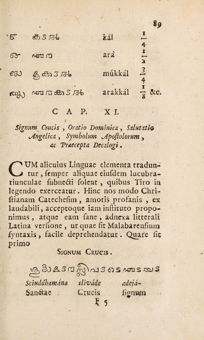 6^r k&u ro ara A—• a C3J ^ cBn 3 /cfb mtikkal • 3 »—» 4 • r-CT m dGfo 5 /34 arakkal i CAR X L i Signum Crucis , Oratio Dominica , Salutati& ^Angelica , Symbolum KApoflolorum 3 ac Tr decepta Decalogi. . i CUM alicuius Linguae elementa tradun¬ tur , femper aliquae eiufdem lucubra¬ tiunculae fubne&i folent, quibus Tiro in legendo exerceatur. Hinc nos modo Chri- ffianam Catechefim , amotis profanis , ex laudabili, acceptoque iam militato propo¬ nimus , atque eam fane , adnexa litterali Latina verflone , ut quae fit Malabarenflum fyntaxis, facile deprehendatur. Quare fig primo Signum Crucis . §0 K 3 (3 g^S nJ 3 63 S r-OT S $ Sduddhamdm slivdde adeja~ San&ae- Crucis iiguvtgB S 5