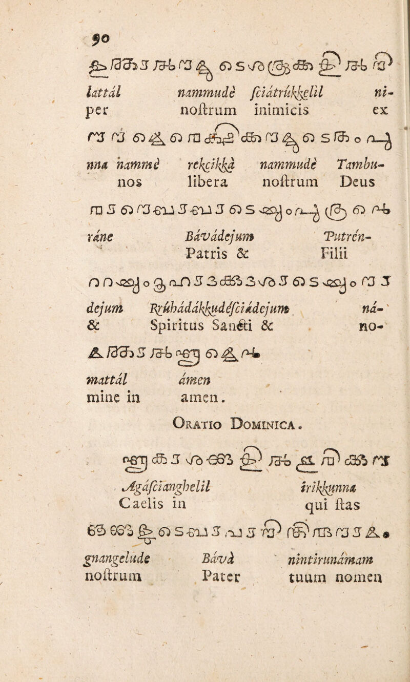 fo fizfflhSf&brjg, ®s& lattdl nammudc fiidtrukfglil ni- per noflrum inimicis ex ns rj «4^6) mdhg'<&>r3s/?3 o hammi rtkcib^d nammudi Tatnbu- nos libera. noflrum Deus ro 5 6^ra^u5-6nJ5 6^ s o(g) 6^ mze Bdvddejmn Tutren- Patris & Filii OO^o^rLO J3dBfc3vf&5 6^S^o r3 J dejum Riuhdddkfeud dfciddcjum nd-' & Spiritus Sanati & no- &I3ch5 mattdl dmen mine in amen. Oratio Dominica. i ngl) cSb 3 Ab€&l lAgdfcianghelil mkfetnm Caelis in qui flas 6^93^ 6> 6^ S«6U 3 ,u j f§^/tBC3 3A« gnangdude Bdvd nintirunhmm noflrum Pater tuum nomen