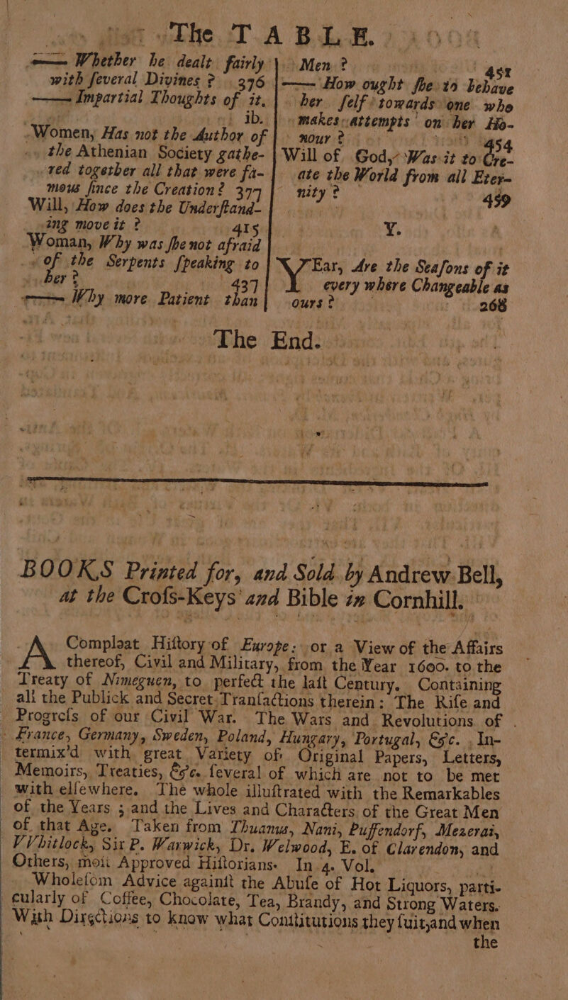 at gist whe TA BLAH. &gt; — Whether he dealt fairly) Men? BACH yey with feveral Divines ? 376 |——~\How ought foe to Vebave —— Impartial Thoughts of it. | — her Self towards one whe Shae 1) ib. | «makeswattempts’ on her Ho- Women, Has not the Author of | nour? . cL Hoy Rag, the Athenian Society Sathe- | Will of. God, Was:it pi tg ved togetber all that were fa- | ate the World from all Ezer- mous fince the Creation? 379 | nity? © | 489 Will, How does the Underftand- 2 ne ¥. A * BOOKS Printed for, and Sold by Andrew. Bell, at the Crofs-Keys’ and Bible 42 Cornhill.  : Complaat Hittory of Europe: or a View of the Affairs A thereof, Civil and Military, from the Year 1600. to the Treaty of Nimeguen, to perfect the lait Century. Containing ali the Publick and Secret. Tranfa@ions therein: The Rife and _ Progrcls of our Civil War. The Wars and Revolutions of . | France, Germany, Sweden, Poland, Hungary, Portugal, €§c. . In- _ termix’d with great Variety of Original Papers, Letters, _ Memoirs, Treaties, &amp;5e. feveral of which are not to be met with elfewhere. The whole illuftrated with the Remarkables of the Years ;.and the Lives and Charaéters. of the Great Men of that Age. Taken from Thuams, Nani, Puffendorf, Mezerai, EV hitlock, Sit P. Warwick, Dr. Welwood, E. of Clarendon, and Others, moii Approved Hiftorians- In 4. Vol. ia Wholefom Advice againit the Abufe of Hot Liquors, parti- cularly of Coffee, Chocolate, Tea, Brandy, and Strong Waters. Wath Dirgctions to know what Conttitutions they fuit,and when ; ' . | the