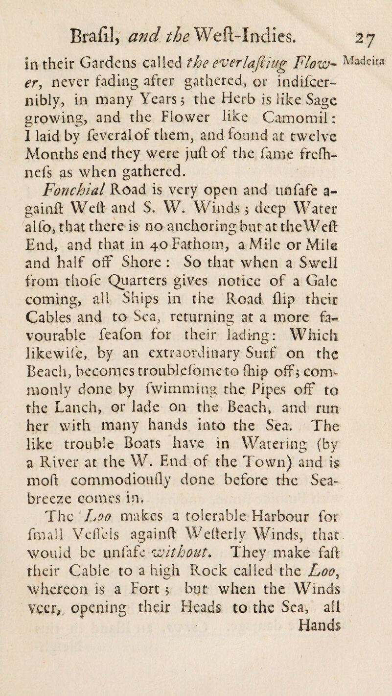 in their Gardens called the ever la ft iug Flow- Madeira ery never fading after gathered, or indifeer- nibly, in many Years 5 the Herb is like Sage growing, and the Flower like Camomil: I laid by feveralof them, and found at twelve Months end they were juft of the fame frefh- nefs as when gathered. Fonchial Road is very open and unfafe a- gainft Weft and S. W. Winds 5 deep Water alfo, that there is no anchoring but at the Weft End, and that in 40 Fathom, a Mile or Mile and half off Shore : So that when a Swell from thofe Quarters gives notice of a Gale coming, all Ships in the Road flip their Cables and to Sea, returning at a more fa« vourable feafon for their lading: Which likewife, by an extraordinary Surf on the Beach, becomes troublefome to (hip off; com* rnonly done by fwimming the Pipes off to the Lanch, or lade on the Beach, and run her with many hands into the Sea. The like trouble Boats have in Watering (by a River at the W. End of the Town) and is moft commodioufly done before the Sea- breeze comes in. The Loo makes a tolerable Harbour for Email Veflcls againft Wefterly Winds, that, would be unfafe without. They make faft their Cable to a high Rock called the Looy whereon is a Fort 5 but when the Winds veer, opening their Heads to the Sea, all Hands