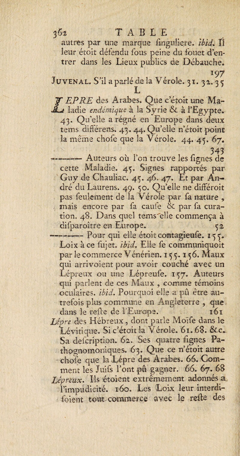 autres par une marque finguliere. ihid, îî leur étoit défendu fous peine du fouet d’en¬ trer dans les Lieux publics de Débauche. 197 J ü VEN AL. S'il a parlé de la V érole. 31. 3 a. 3 5 X_4 Z RP RE des Arabes. Que c’étoit une Ma¬ ladie endémique à la Syrie & à l’Egypte. 43. Qu’elle a régné en Europe dans deux tems diftérens. 43. 44. Qu’elle n’étoit point la même chofe que la Vérole. 44. 45. 67. 343 »-Auteurs où l’on trouve les fignes de cette iMaladie. 45. Signes rapportés par Guy de Chauliac. 45. 4b. 47. Et par An¬ dré du Laurens. 49. 50. Qu’elle ne dilféroit pas feulement de la Vérole par fa nature , mais encore par fa caufe & par fa cura¬ tion. 48. Dans quel tems^elle commença à difparoître en Europe. 32 -Pour qui elle étoitcontagieufe. 155, Loix à ce fujet. ïbid. Elle fe communiquoit par le commerce Vénérien. 155.156. Maux qui arrivoient pour avoir couché avec un Lépreux ou une Lépreufe. 157. Auteurs qui parlent de ces Maux , comme témoins oculaires, ibid. Pourquoi elle a pû être au¬ trefois plus commune en Angleterre , que dans le refte de l’Europe. 161 Léme des Hébreux, dont parle Moïfe dans le Lévitique. Si c’étoit la Vérole. 61. 68. &c. Sa defcription. 62. Ses quatre fignes Pa¬ thognomoniques. 63. Que ce n’étoit autre chofe que la Lèpre des Arabes. 66. Com¬ ment les Juifs l’ont pu gagner. 66. 67. 68 Lépreux. Ils étoient extrêmement adonnés a. l’impudicité. 160. Les Loix leur interdi- foient totït commerce avec le des