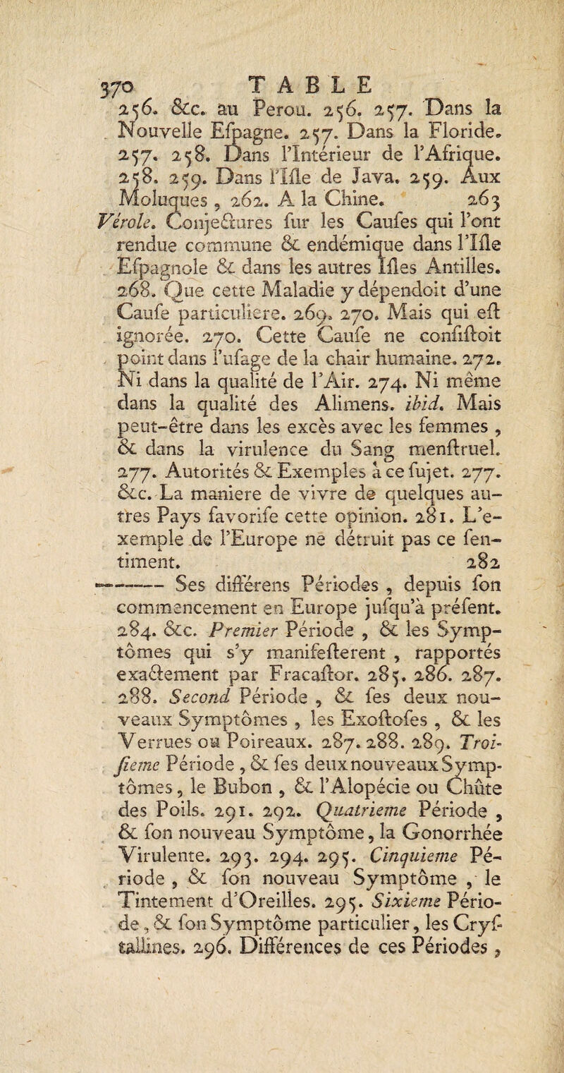 570 TABLE a 5 6. &c. au Pérou. 256. 257. Dans la Nouvelle Efoagne. 257. Dans la Floride- 257. 258. Dans l’Intérieur de l’Afrique. 258. 259. Dans riüe de Java. 259. Aux Moluques, 262. A la Chine. 263 Vérole» Conjeérures fur les Caufes qui l’ont rendue commune & endémique dans l’Ifle Efpagnole & dans les autres Mes Antilles. 268. Que cette Maladie y dépendoit d’une Caufe particulière. 269. 270. Mais qui efl ignorée. 270. Cette Caufe ne confiftoit point dans l’ufage de la chair humaine. 272. Ni dans la qualité de l’Air. 274. Ni même dans la qualité des Alimens. ihid» Mais peut-être dans les excès avec les femmes , & dans la virulence du Sang menftruel. 277. Autorités & Exemples a ce fujet. 277. 6cc. La maniéré de vivre de quelques au¬ tres Pays favorife cette opinion. 281. L’e¬ xemple de l’Europe ne détruit pas ce fen- timent. 282 --Ses différens Périodes , depuis fon commencement en Europe jufqu’à préfent. 284. &c. Premier Période , & les Symp¬ tômes qui s’y manifefterent , rapportés exaélement par Fracaftor. 285. 286. 287. 288. Second Période , & fes deux nou¬ veaux Symptômes , les Exoftofes , & les Verrues ou Poireaux. 287. 288. 289. Troi- Jîeme Période , & fes deux nouveaux Symp¬ tômes , le Bubon , & l’Alopécie ou Chûte des Poils. 291. 2Q2. QiLatrieme Période , & fon nouveau Symptôme, la Gonorrhée Virulente. 293. 294. 295. Cinquième Pé¬ riode , & fon nouveau Symptôme , le Tintement d’Oreilîes. 295. Sixième Pério¬ de , & fon Symptôme particulier, les Cryf taihnes. 296. Différences de ces Périodes,