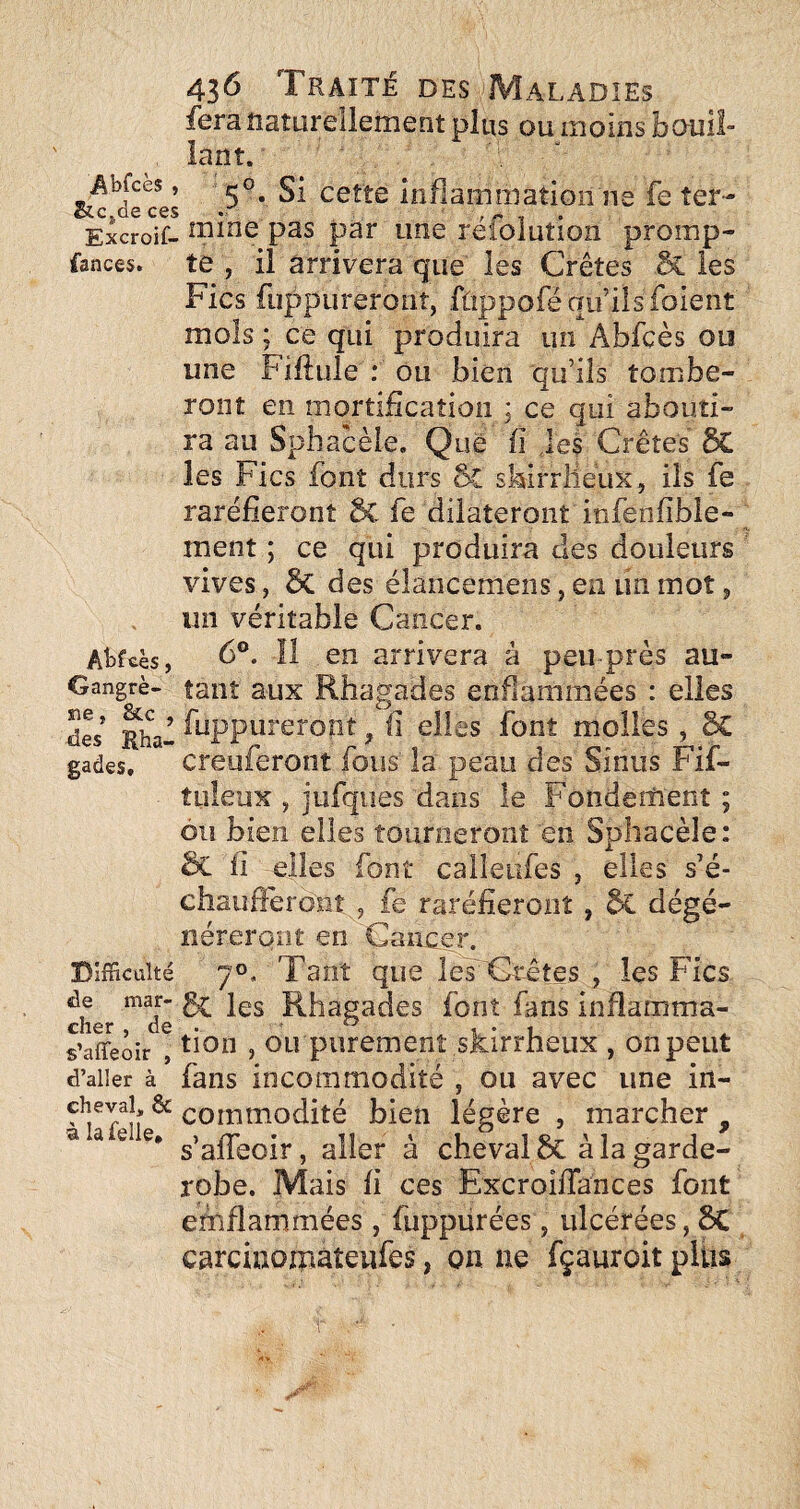 feraîiatürellement plus ou moins boull- îant. Abfces, cetîe inflammation ne fe ter- Excroif- îLRRc pas par une refolution promp- fances. te , il arrivera que les Crêtes & les Fies fuppureroiiî, fûppoféqu ilsfoient mois ; ce qui produira un Abfcès ou une Fiflule : ou bien qu’ils tombe¬ ront en mortification j ce qui abouti¬ ra au Sphacèle. Que fi Je? Crêtes ÔC les Fies font durs ôC skirrlieux, ils fe raréfieront & fe dilateront infenfibie- ment ; ce qui produira des douleurs vives, & des élancemens, en lin mot, un véritable Cancer. Atfcès, 6®. Il en arrivera à peu près au- Gangrè- tant aux Rhagades enflammées : elles des Rhal ^i^ppu^'etopt, fi elles font molles, SC gades. creuferont fous la peau des Sinus Fif- tuleux , jufqiîes dans le Fondement ; ou bien elles tourneronî en Sphacèle: êc fi elles font calleiifes , elles s’é¬ chaufferont , fe raréfieront , dégé¬ néreront en Cancer. Difficulté 70, Tant que leYCrêtes, les Fies de mar- jgg Rhagadcs font fans inflamma- cher , de . ,0 t ♦ 1 s’affeoir , ? OU purement sKirrneux , on peut d’aller à fans incommodité , ou avec une in- ^ commodité bien légère , marcher ^ ^ ^ s’afieoir, aller à cheval 6c à la garde- robe. Mais fi ces Excroifiances font emflammées, fuppurées, ulcérées, 2>C carcinoîpàteufes, on ne fçauroit pliis