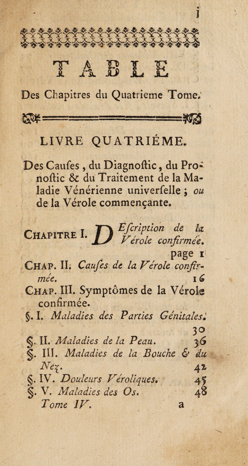 î T' Si à 1^ JL SL JLS L E Des Chapitres du Quatrième Tome; =—- ^ LIVRE QUATRIÈME, Des Caufes , du Diagnoftic, du Pro- noflic Sc du Traitement de la Ma¬ ladie Vénérienne univerfeile ; ou de la Vérole commençante. Chapitre I. Efcrlptlon de la. Vérole confirmée. page II Chap. Il; Caufes de la Vérole confir^^ mée, I ^ Ghap. IîI. Symptômes de la Vérole confirmée. §. I, Maladies des Parties Génitalesl 30 §.IL Maladies de la Peau» 36 §. ni. Maladies de la Bouche & du Ne^. 42, g. IV. Douleurs VéroUques, 45 V. Maladies des Os» 48