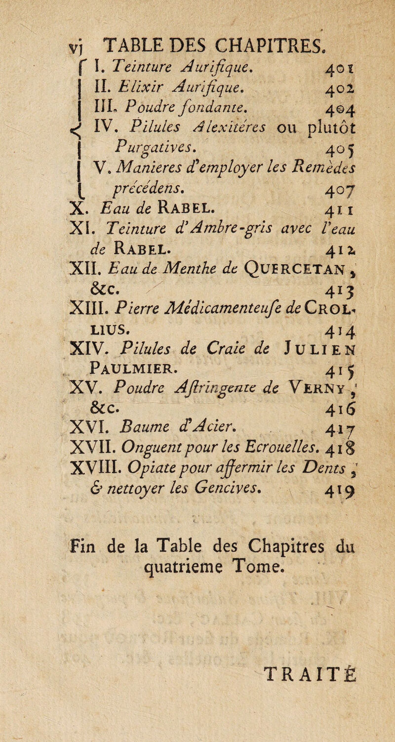 vj TABLE DES CHAPITRES. I. Teinture Aurifique, 401 II. Elixir Aurifique, 402 lîL Poudre fondante, 404 ^ IV. Pilules Alexitéres ou plutôt Purgatives, 405 V. Maniérés ddemployer les Remèdes précédens, 407 X. Eau de RabEL. 41 i XI. Teinture d'Ambre-gris avec Veau de RaBEL. 4^ ^ XII. Eau de Menthe de QuERCETAN j &c. 413 XIIL Pierre Médicamenteufe deCROh^ LIUS. 414 XIV. Pilules de Craie de Julien Paulmier. 41 j XV. Poudre AJiringente de Verny , &c. 416 XVI. Baume ddAcier, 417 XVII. Onguent pour les Ecrouelles, 418 XVIII. Opiate pour affermir les Dents & nettoyer les Gencives, 41 ^ Fin de la Table des Chapitres du quatrième Tome. TRAITÉ