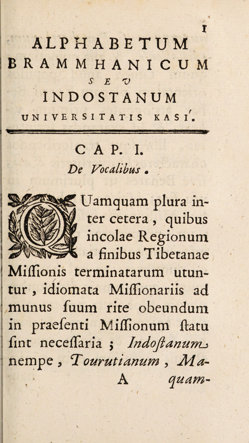 ALPHABETUM BRAMMHANICUM V • 1 / S E V INDOSTANUM universitatis K A s /, CAP. I. De Vocalibus . ; / Uamquam plura in¬ ter cetera, quibus incolae Regionum a finibus Tibetanae Miffionis terminatarum utun- / tur , idiomata Miflionariis ad I } ' munus fuum rite obeundum in praefenti Miflionum flatu fint neceflaria $ Indojlanurru nempe , Tourutianum , Ala- A quam-