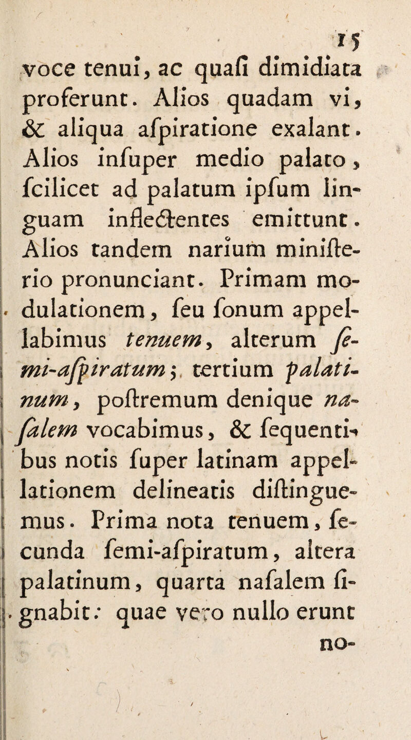voce tenui, ac quafi dimidiata proferunt. Alios quadam vi, & aliqua afpiratione exalant. Alios infuper medio palato, fcilicet ad palatum ipfum lin¬ guam infledtentes emittunt. Alios tandem narium minifte- rio pronunciant. Primam mo¬ dulationem , feu fonum appel¬ labimus tenuem, alterum Je- mi-afp iratum; tertium -palati¬ num, poftremum denique na- filem vocabimus, & fequenti-» bus notis fuper latinam appel¬ lationem delineatis diftingue- mus. Prima nota tenuem, fe¬ cunda femi-afpiratum, altera palatinum, quarta nafalem li- . gnabit: quae vero nullo erunt no-