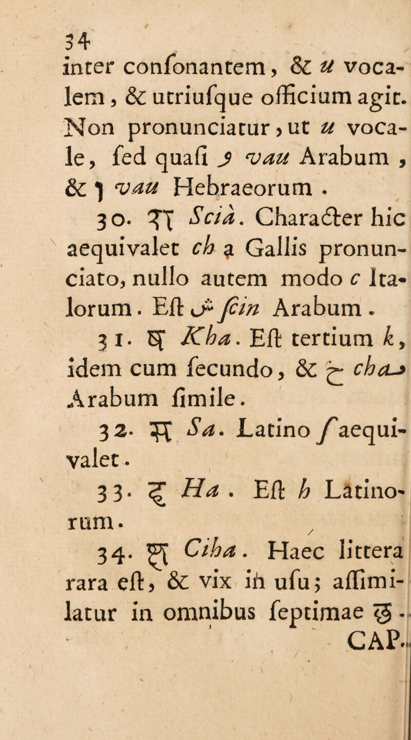 3 4 inter confonantem, Sc u voca¬ lem , Sc utriufque officium agit. Non pronunciatur) ut u voca¬ le, fed quafi s van Arabum , Sc ] vau Hebraeorum . 30. Scid. Character hie aequivalet ch 9 Gallis pronun- ciato, nullo autem modo c Ita¬ lorum . Eft cP fiin Arabum . 31. ^ Kha. Eft tertium ky idem cum fecundo, Sc >■ cha-> Arabum fimile. 32. ^ Sa. Latino f aequi¬ valet. 33. ^ Ha . Eft h Latino- rum . 34* ?C Ciha. Haec littera rara eft> Sc vix ih ufu; affimi- latur in omnibus feptimae ' CAP»