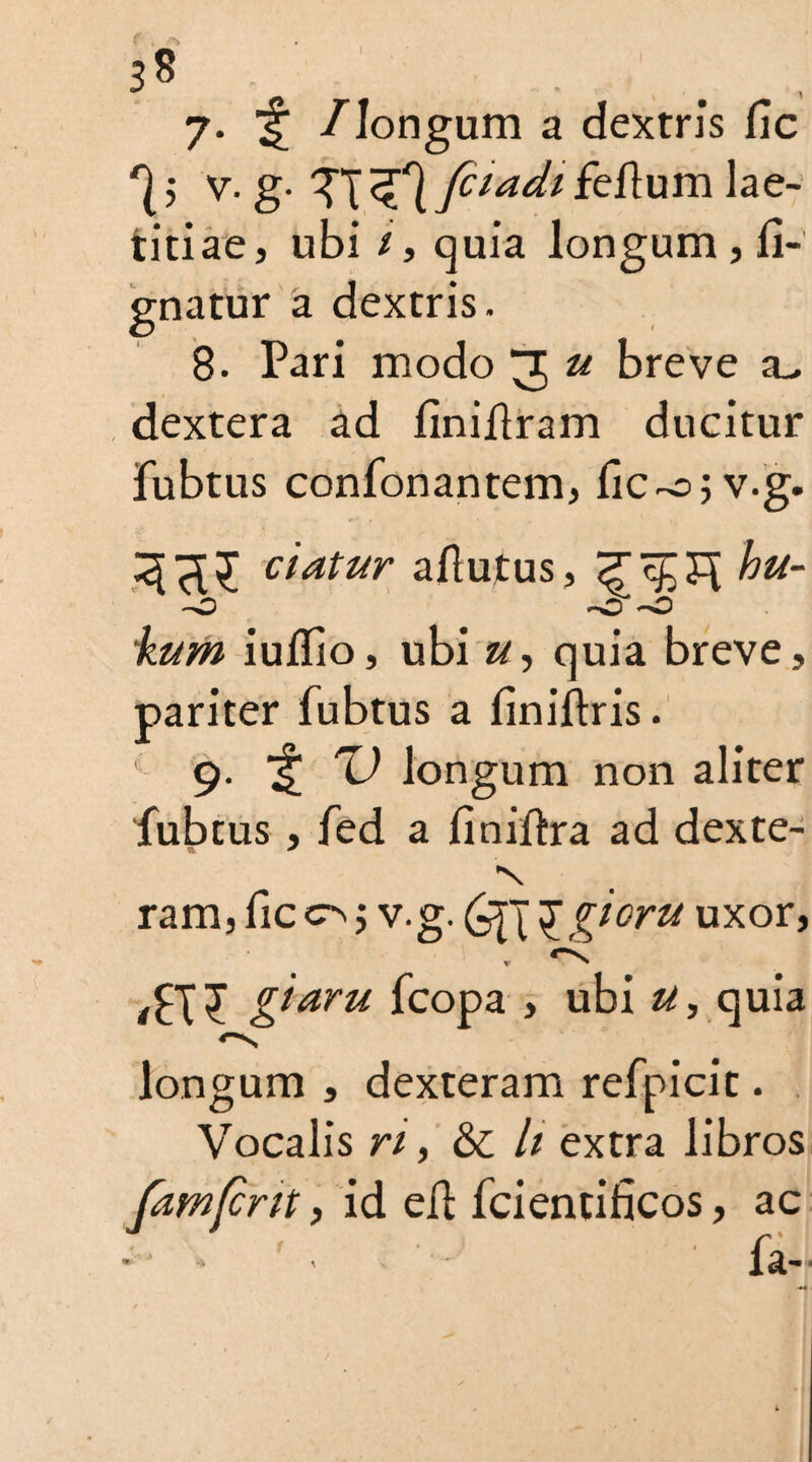 I 7. ^ /longum a dextris fic ^ j V. g- TT <?\ fiiadi fell u m ] a e- titiae, ubi 1, quia longum, li¬ gnatur a dextris. 8. Pari modo 3 u breve dextera ad finifiram ducitur fubtus confonantem, fic-o;v.g. ciatur afiutus, hu- kum iullio, ubi u, quia breve, pariter fubtus a finiftris. 1 9. ^ ZJ longum non aliter fubtus, fed a finiftra ad dexte- •N ram,fic5 v.g. (^[^gioru uxor, r ^ /fTT &aru fcopa , ubi uy quia longum , dexteram refpicit. Vocalis ri y &t U extra libros , id ell fcientificos, ac fa-