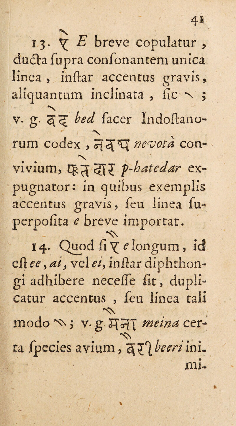 13- X E breve copulatur , dudta fupra confonantem unica linea , inftar accentus gravis, aliquantum inclinata , fle ■n j v. g. bed facer Indoflano- ' i V rum codex , 5^^ nevota con- - ■n vivium, Cj?p[ f-hatedar ex¬ pugnator: in quibus exemplis accentus gravis, feu linea fu- perpolita e breve importat. 14. Quod li Y e longum, id efl e e, ai, vel ei, indar diphthon- gi adhibere nece fle fit, dupli¬ catur accentus , feu linea tali modo v-g JRT meina cer- ta fpecies avium, ^^Qmr/inL • mi- . 1 %