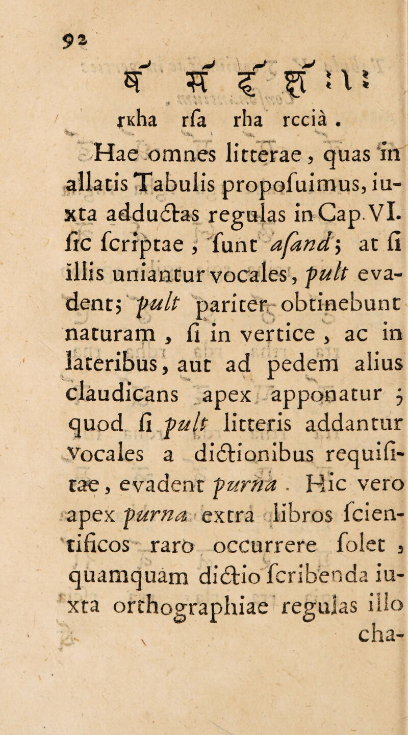\i 5? tc \ ?i as se ' v * . > .• - * i ' . - richa rfa rha rccia . *■«- Vnu, > 'ta;. / **->4, .Hae omnes litterae, quas in allatis Tabulis propofuimus, iu- xta addu£tas regulas inCap.VL lie feriptae , funt afand$ at fi illis uniantur vocales, fuit eva - dentj fuit pariter, obtinebunt naturam , fi in vertice , ac in lateribus, aut ad pedem alius claudicans apex apponatur j quod fi fuit litteris addantur Vocales a didtionibus requifi- tae, evadent fuma. Hic vero apex fuma extra libros fcien- tificos raro occurrere foiet , quamquam di&io feribenda iu- xta orthographiae regulas illo , cha-