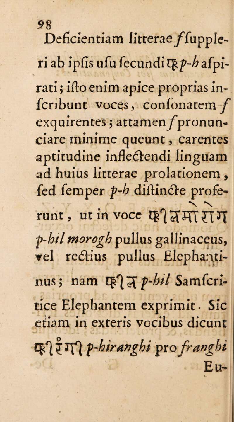 Deficientiam litrerae/fupple- ri ab ipfis ufu fecundi afpi- rati j illo enim apice proprias in- fcnbunt voces, confonacem/* exquirentes$ attamen/pronun- ciare minime queunt, carentes aptitudine infledfcendi linguam ad huius litterae prolationem , fed Temper f-h diftindte profe- v \ runt, ut in voce ^ 5}X b-hil morogh pullus gallinaceus, vel redtius pullus Elephanti¬ nus; nam CJ?*} p-kil Samfcri- tice Elephantem exprimit. Sic etiam in exteris vocibus dicunt f p-hiranghi yxofranghi Eu-