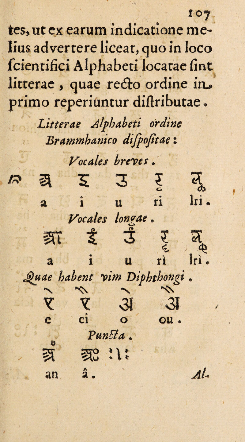 ( io7 tes, ut ex earum indicatione me¬ lius advertere liceat, quo in loco fcientifici Alphabeti locatae lint litterae , quae re&o ordine io» primo reperiuntur diftributae. Litterae alphabeti ordine Brammhamco difpojitae: r - - ■ „ • / Vocales breves * Z* 3 5 3 i a a i u ri Iri • Vocales lonpae e m a t 5 i u ? a ri ln ♦ Jlluae habent vim Diphtbongi . ■X ~<N *N * ^ 31 31 e ei o ou • © PtmFla. V# co at + an A a.