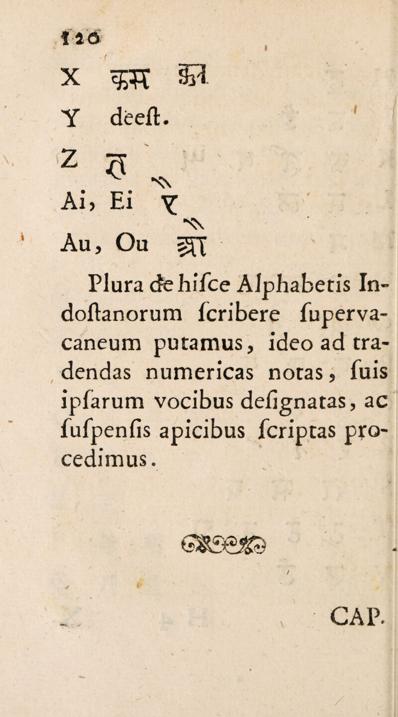 lad X TO Y deeft. z 5 nn Ai, Ei Y Au, Ou Plura dehi’fce Alphabetis In- doftanorum fcribere fuperva- caneum putamus, ideo ad tra¬ dendas numericas notas, fuis ipfarum vocibus defignatas, ac fufpenfis apicibus fcriptas pro¬ cedimus. , V. CAP. /