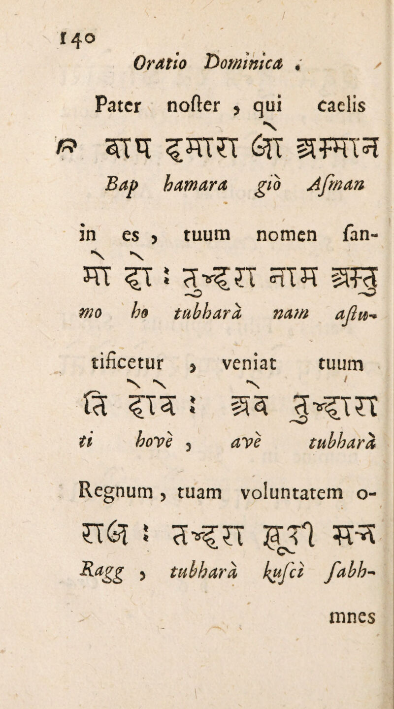 / tqo Oratio Domnica « ✓ Pater nofter , qui caelis P> 5UI SR SFRTJJ Bap hamara gio Afrnan •9 / in es r tuum nomen fan- RT ?TTJ? STH -O 'O mo h& tubhara nam ajlw* ■si tificetur , veniat tuum a \\\ ! m ti bove 3 ave tubbara * Regnum > tuam voluntatem o- ; r CTG? : £Ttl jKagg j tub hara kufci fabb~ mnes