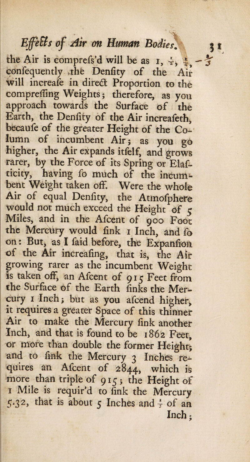 the Air is eomprefs’d will be as i, i, ^ — confequently .the Denlity of the Air will increaie in dired Proportion to the compreffing Weights; therefore, as you approach towards the Surface of the Earth, the Denlity of the Air increafeth, becaufe of the greater Height of the Co¬ lumn of incumbent Air; as you go higher, the Air expands itfelf, and grows rarer, by the Force of its Spring or Elaf- ticity, having fo much of the incum^ bent Weight taken off. Were the whole Air of equal Denfity, the Atmofphere would not much exceed the Height of c Miles, and in the Afcent of 900 Foot the Mercury would link i Inch, and fo on: But, as I faid before, the Expanlion of the Air increafing, that is, the Air growing rarer as the incumbent Weight is taken off, an Afcent of 915 Feet from the Surface of the Earth links the Mer¬ cury I Inch} but as you afcend higher, it requires a greater Space of this thinner Air to make the Mercury link another Inch, and that is found to be 1862 Feet, or more than double the former Height; and to fink th'e Mercury 3 Inches re¬ quires an Afcent of 2844, which is more than triple of 915; the Height of I Mile is requir’d to fink the Mercury 5.32, that is about 5 Inches and 4 of an Inch;