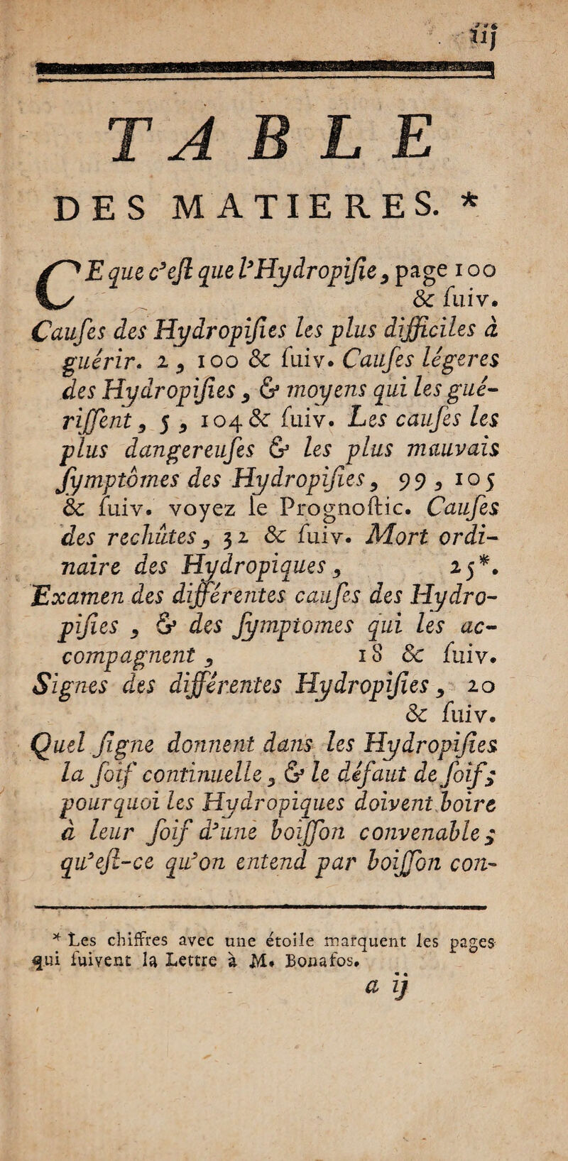 TA BLE DES MATIERES. * CEquec’eJlquel’HydropiJie, page ioo Ôc fuiv, Caufes des Hydropijies les plus difficiles à guérir, i 9 ioo Ôc fuiv. Caufes légères des Hydropijies 9 & moyens qui les gué- riffent 9 5 9 104&: fuiv. Les caufes les plus dangereufes & les plus mauvais Jymptômes des Hydropijies 9 9 9 3 1 o 5 ôc fuiv. voyez le Prognoftic. Caufes des rechûtes 9 32 Ôc fuiv. Mort ordi¬ naire des Hydropiques 9 iff, Examen des différentes caufes des Hydro¬ pijies 9 & des Jymptômes qui les ac¬ compagnent 9 18 & fuiv. Signes des différentes Hydropijies 9 10 ôc fuiv. Quel Jigne donnent dans les Hydropijies la foif contimtelle 9 & le défaut de foif; pourquoi les Hydropiques doivent boire à leur foif d’une boijfon convenable ; qu’efl-ce qu’on entend par boijfon con- * Les chiffres avec une étoile marquent les pages <|ui iuiyent la Lettre à M* Bonafos. a ij