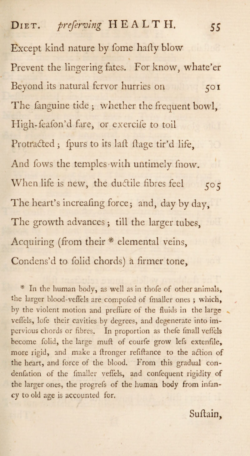 Except kind nature by feme hady blow Prevent the lingering fates. For know, whatever Beyond its natural fervor hurries on 501 The fanguine tide ; whether the frequent bowl, Fligh-feafon’d fare, or exercife to toil Protradted 3 fpurs to its laft ftage tir’d life, And fows the temples-with untimely fnow. When life is new, the dudlile fibres feel 505 The heart’s increafing force 3 and, day by day. The growth advances 3 till the larger tubes, Acquiring (from their elemental veins, Condens’d to folid chords) a firmer tone. * In the human body, as well as In thofe of other animals, Ihe larger blood-velTels are compofed of fmallcr ones ; which, by the violent motion and prefTure of the fluids in the large velTels, lofe their cavities by degrees, and degenerate into im¬ pervious chords or fibres. In proportion as thefe fmall vcfl'cls become folid, the large muft of courfe grow lefs extenfile, more rigid, and make a ftronger refiftance to the adlion of the heart, and force of the blood. P'rom this gradual con- denfation of the fmallcr veflTels, and confequent rigidity of the larger ones, the progrefs of the human body from infan¬ cy to old age is accounted for. Suflain,