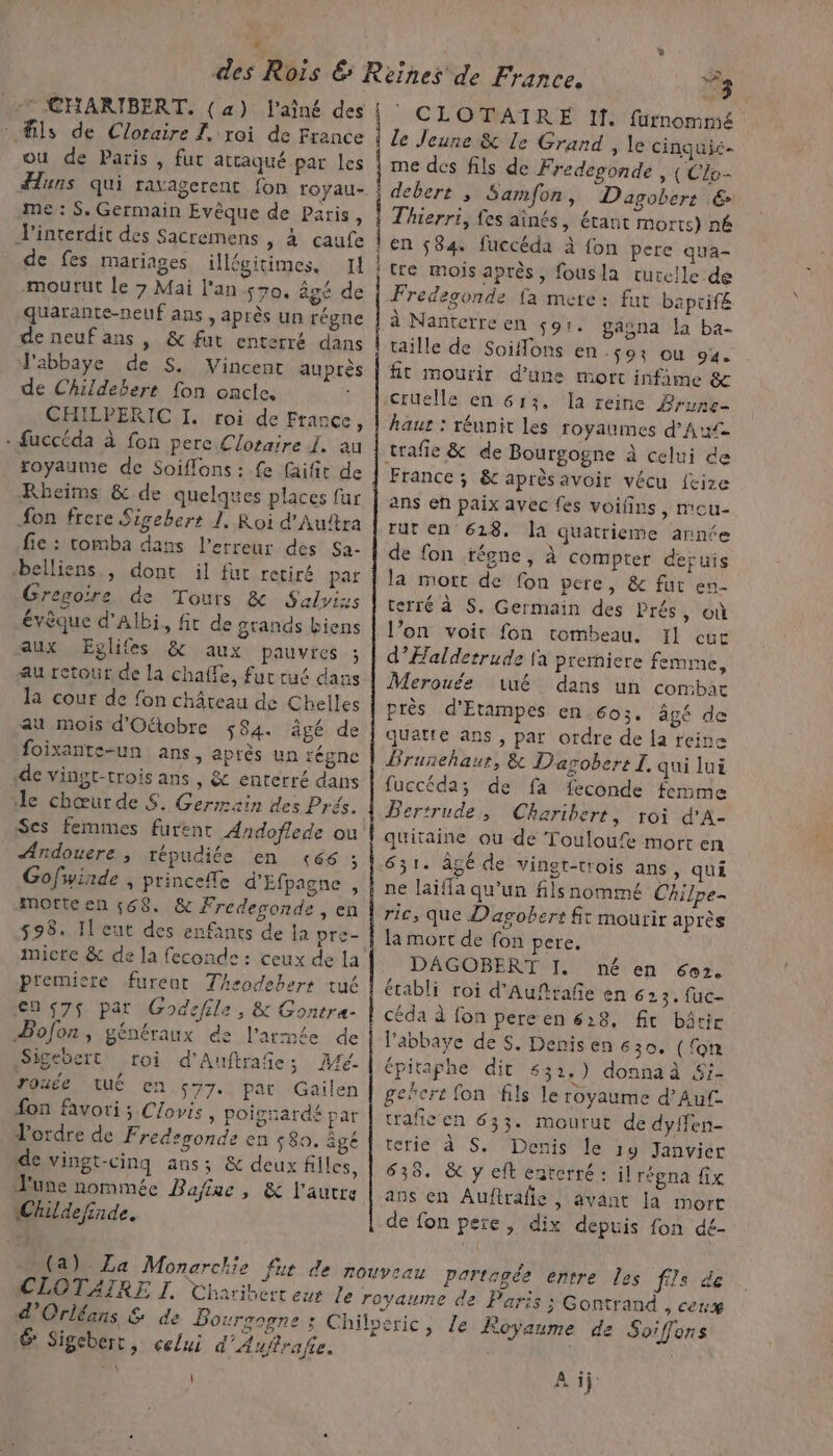 + CHARIBERT. (a) l'aîné des ils de Cloraire I. roi de France ou de Paris, fut attaqué par les Huns qui ravagerent fon toyau- me: S. Germain Evêque de Paris, J'interdit des Sacremens , 4 çaufe de fes mariages illégitimes, I mourut le 7 Mai l'an so, âgé de quarante-neuf ans , après un régne de neuf ans | &amp; fut enterré dans Pabbaye de S. Vincent auprès de Childebere fon oncle. CHILPERIC I. roi de France, - fuccéda à fon pere Clotaire 1. au royaume de Soiflons : fe faifit de Rheims &amp; de quelques places fur Son frere Sigebert 1, Roi d’Auftra fie : tomba dans l'erreur des Sa- belliens., dont il fut retiré par Gregoire de Tours &amp; Salviz évêque d'Albi, fit de grands biens aux Eglifes &amp; aux pauvres ; au retour de la chaffe, fut rué dans la cour de fon château de Chelles 4 mois d'Oétobre 584. âgé de foixante-un ans, après un régne «de vingt-trois ans , &amp; enterré dans le chœurde $. Germain des Prés. Ses femmes furent Andoflede ou Andouere. , tépudiée en ç66 ; Gofwinde , princefe d'Efpagne , motte en 568. &amp; Fredesonde , en 538. Il eut des enfants de la pre- micre 8 de la feconde : ceux de la ptemicre fureot Theodeberr tué en ç7$ par Godefile, &amp; Gontra- ÆPBofon, généraux de l'armée de Sigebert roi d'Anftrañe; rouée tué en s77. par Gailen fon favori ; Clovis, poigrardé par Vordre de Fredegonde en 80. âgé de vingt-cinq ans; &amp; deux filles, une nommée Bafire, &amp; l'autre Childefinde. LA ÎMé- d'Orléans &amp; de Boursogne : 6 Sigebert, celui d'Auftrafe. Lu en te a à 73 CLOTAIRE If. furnommé le Jeune &amp; le Grand , le cingquic- me des fils de Fredegonde , (Clo- debert ; Samfon, Dagobers € Thierri, fes aînés, étant morts) né En 584 fuccéda à fon pere qua- tre mois après, fousla turclle de Fredegonde fa mere: fut baprifé à Nanterreen çor. gagna la ba- taille de Soifons en .s03 ou 94. fit mourir d’une mort infime &amp; cruelle en 613. ‘la reine Prune haur : réunit les royaumes d’Axt France ; &amp; aprèsavoir vécu fcize ans eh paix avec fes voifins , mcu- rut en 628. la quatrieme année de fon régne, à compter deruis la mort de fon pere, &amp; fur en- terré à S. Germain des Prés , Où l’on voit fon tombeau. Il eue d’Haldetrude la premiere femme, Merouée tué dans un combac près d’Etampes en 603. âgé de quatte ans , par ordre de la reine &amp; Dagobert I. qui lui fuccéda; de fa feconde femme Bertrude, Charibert, roi d'A- quitaine où de Touloufe mort en 631. âgé de vingt-trois ans, qui ne laiffa qu’un fils nommé Chilpe- rie, que Dagobert ft mourir après la mort de fon pere, DAGOBERT I. né en 602. établi roi d’Aufrañe en 623. fuc- céda à fon pereen 6:28, fit bâtir l’abbaye de S. Denisen 630. (fon tpitaphe dit 432.) donnaà &amp;i- chcrt fon fils le royaume d’Auf- tafieen 633. mourut de dyffen- terie à S. Denis le 19 Janvier 638. &amp; y eft enterré : ilrégna fix ans en Auflrafie, avant la mort de fon pere, dix depuis fon dé- ? , 7 partagée entre les fils de ume de Paris ; Gontrand , ceux À ij