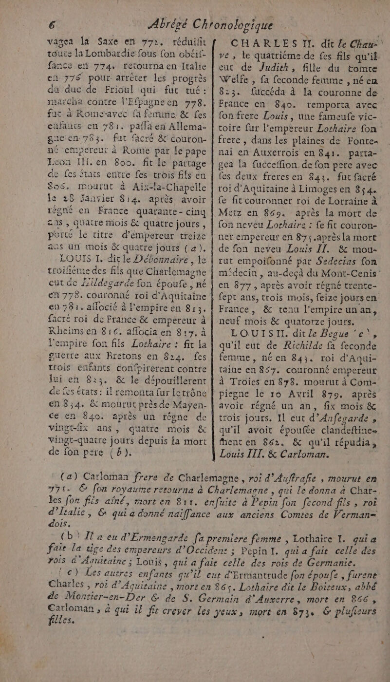 vagea [a Saxe en 9772. réduifit toute la Lombardie fous fon cbéil- fance en 774, retourna en Italie ci 776 pour arrêter les progrès du duc de Frioul qui fut cué: mmatcha contre l'Effagneen 978. fa: à Romcravec {a femune &amp; fes enfants en 781. paffa en Allema- gacen 783. fut facré &amp; Couron- né empereur à Rome par le pape Leon Ill. en 800. fit le partage de fes États entre fes trois fils en Sos. mourut à Aix-la-Chapelle le 25 Janvier 814. après avoir régné en France quafante- cinq ais , quatre mois &amp; quatre jours , porté le vitre d’empercur treize ass un mois &amp;C quatre jours (a). LOUIS I. ditle Débcnnaire, le troiliéme des fils que Charlemagne eut dc Fsildegarde fon époufe , né en 778. coûronné roi d'Aquitaine en 781. affocié à l'empire en 813. facré roi dc France &amp; empereur à Rheimsen 816. affocia en 8:17. à empire fon fils Lorhaire : fit la guerre aux Bretons en 824. fes ttois enfants Confpirerent contre Jui en 8:13. &amp; le dépouillerent de Les états: il remonta fur letrône en 834. &amp; mourut près de Mayen- ce en 840. après un tégne de vingt-fix ans, quatre mois &amp; vingt-quatre jours depuis la mort de fon pare (Bb). CHARLES II. dit le Chau-' ve ; le quatriéme de fes fils qu'if. eut de Judith, fille du tomte Welfe , fa feconde femme , né en 8:3. fuccéda à la couronne de France en 840. remporta avec fon frere Louis , une fameufe vic- toire fur l’empereur Lorhaire fon frere, dans les plaines de Fonte- nai en Auxerrois en 841. parta- gea la fucceffion de fon pere avec fes deux freresen 843. fut facré roi d'Aquitaine à Limoges en 854. fe fit couronner roi de Lorraine à Metz en 869. après la mort de fon neveu Lorhaire : fe fit couron- ner empereur en 875 .après la mort de fon neveu Louis II. &amp; mou- tut empoifonné par Sedecias fon midecin , au-deçà du Mont-Cenis en 877, après avoir régné trente- fept ans, trois mois, feise jours en France, &amp; tenu l'empireunan, neuf mois &amp; quatorze jours. LOUISIL. dit le Begue ‘e\, qu’il eut de Rithilde fa feconde femme, né en 843. roi d'Aqui- taine en 857. couronné empereut à Troies en 878. mourut à Com- picgne Île 10 Avril 879. après avoir régné un an, fix mois &amp; trois jours. Il eut d’Anfegarde , qu’il avoit époufée clandeftines Menten 862. &amp; qu'il répudia, Louis IIT, &amp; Carloman. dois, 1 filles.