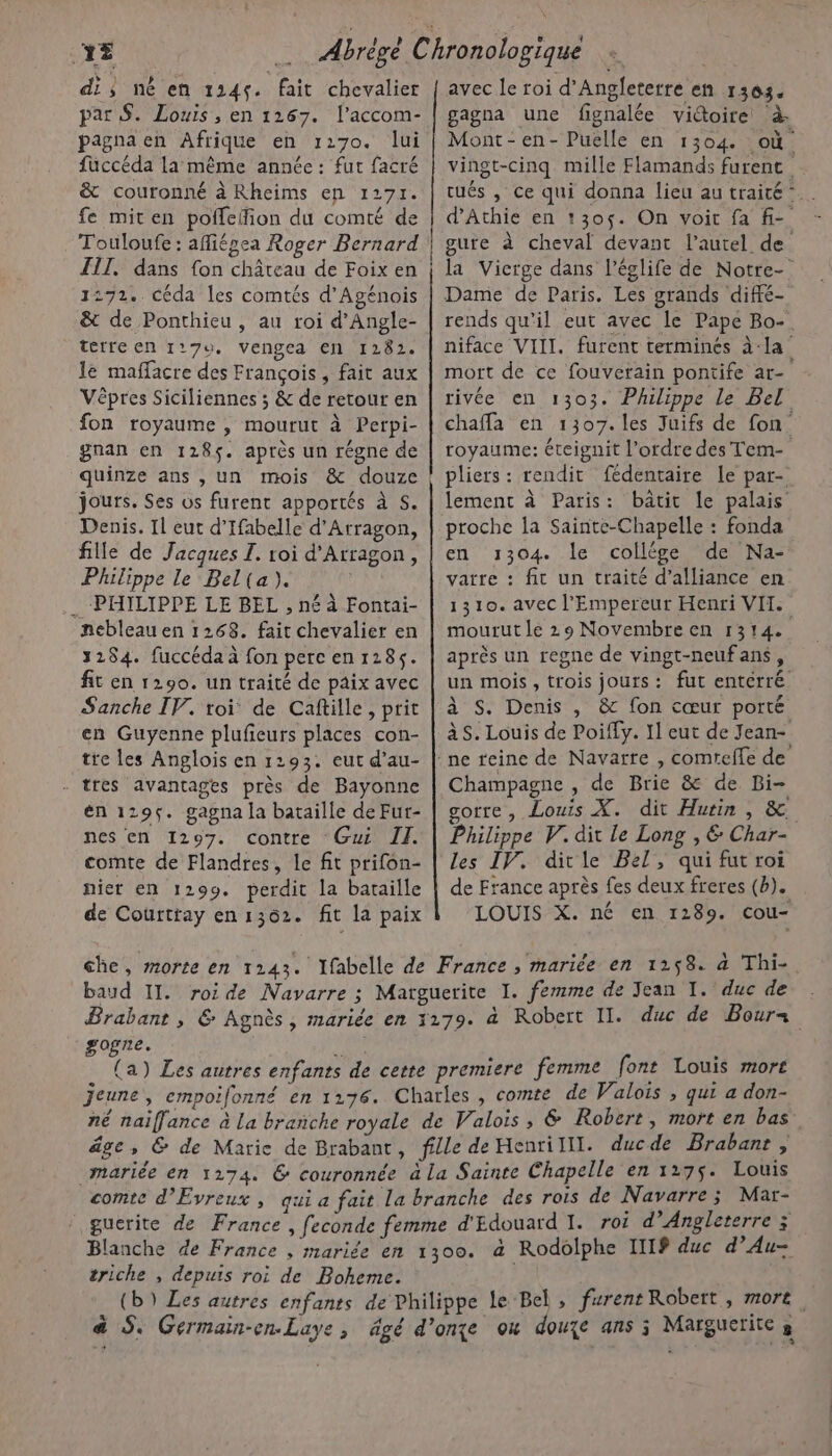 dis né en 1245. fait chevalier | avec le roi d'Angleterre en 1304. par S. Louis , en 1267. l’accom- | gagna une fignalée victoire à. pagna en Afrique en 1:70. lui | Mont-en- Puelle en 1304 où füccéda la même année: fut facré | vingt-cinq mille Flamands furent &amp; couronné à Rheims en 1271. | tués, ce qui donna lieu au traité. fe mit en poffefion du comté de | d’Athie en 1305. On voit fa f- Touloufe : afliégea Roger Bernard | gure à cheval devant l'autel de III, dans {on château de Foix en | la Vierge dans l’églife de Notre- 1272. Céda les comtés d’Agénois | Dame de Paris. Les grands diffé- &amp; de Ponthieu , au roi d’Angle- | rends qu'il eut avec le Pape Bo- tetreen 1:70. vengea en 1282. | niface VIII. furent terminés à-la le maffacre des François , fait aux | mort de ce fouverain pontife ar- Vêpres Siciliennes ; &amp; de retour en | rivée en 1303. Philippe Le Bel fon royaume , mourut à Perpi- | chaffa en 1307. les Juifs de fon. gnan en 1285. après un régne de | royaume: éteignit l’ordre des Tem- quinze ans , un mois &amp; douze | pliers: rendit fédentaire le par- jours. Ses vs furent apportés à S. | lement à Paris: bâtit le palais Denis. Il eut d’Ifabelle d'Arragon, | proche la Sainte-Chapelle : fonda fille de Jacques I. roi d’Arragon, | en 1304. le collège de Na- Philippe Le Bel(a). vatre : fit un traité d'alliance en . PHILIPPE LE BEL , né à Fontai- | 1310. avec l'Empereur Henri VIT. nebleau en 1268. fait chevalier en | mourutle 29 Novembre en 1314. 3284. fuccéda à fon pere en 1185. | après un regne de vingt-neufans, fit en 1290. un traité de paix avec | un mois, trois jours: fut enterré Sanche IV. roi de Caftille, prit | à S. Denis , &amp; fon cœur porté en Guyenne plufieurs places con- | àS. Louis de Poiffy. Il eut de Jean- tre les Anglois en 1193. eut d’au- | ne reine de Navarre , comreffe de tres avantages près de Bayonne | Champagne , de Brie &amp; de Bi- én 129$. gagna la bataille de Fur- | gore, Louis À. dit Hurin , &amp; nes en 1297. contre Gui II. | Philippe V. dit le Long , 6 Char- comte de Flandres, le fit prifon- | les IV. ditle Bel, qui fut roi nier en 1299. perdit la bataille | de France après fes deux freres (b). de Courttay en 1302. fit la paix LOUIS X. né en 1289. cou- che, morte en 1143. Ifabelle de France, mariée en 1258. à Thi- baud IT. roi de Navarre ; Marguerite I. femme de Jean 1. duc de Brabant, &amp; Agnès, mariée en 3179. à Robert II. duc de Boura gogne. 3 (a) Les autres enfants de cette premiere femme font Louis morc jeune, empoifonné en 1176. Charles , comte de Valoïs , qui a don- né naïiffance à La branche royale de Valois , &amp; Robert, mort en bas âges, &amp; de Marie de Brabant, fille de Henrilll. ducde Brabant , mariée en 1274. G couronnée à La Sainte Chapelle en 1275. Louis comte d'Evreux , qui a fait La branche des rois de Navarre; Mar- gucrite de France , feconde femme d'Edouard I. roi d'Angleterre ; Blanche de France , mariée en 1300. à Rodolphe ITS duc d’Au- triche , depuis roi de Boheme. | (b) Les autres enfants de Philippe le Bel, furent Robert, more, à S. Germain-en.Laye, âgé d’onge ow douze ans ; Marguerite 2