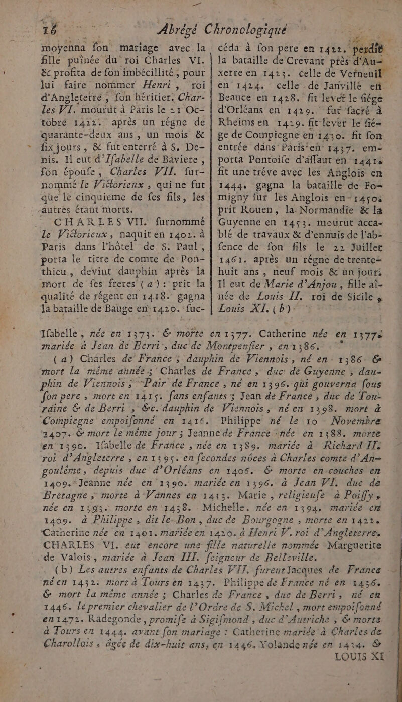 | NSRS moÿenna fon mariage avec la fille puînée du roi Charles VI. &amp;c profita de fon imbécillité, pour lui faire nommer Henri, roi d'Angleterre, fon héritier. Char- Les VI, mourut à Paris le 21 Oc- tobré 1422. après un régne de quarante-deux ans, un mois &amp; fix jours , &amp; futenterré à S. De- nis. Il eut À Jfabelle de Baviere, fon époufe , Charles VII. fur- nommé le Viélorieux , qui ne fut que le cinquieme de fes fils, les autres étant morts, CHARLES VII. furnommé Le Vidlorieux, naquit en 1402. à Paris dans l'hôtel de S. Paul, porta le titre de comte de Pon- thicu, devint dauphin après Ia mort de fes freres (a): prit la qualité de régent en 1418. gagna la bataille de Bauge en:1420. :fuc- céda à fon pere en 142. FAT la bataille de Crevant près d'Au= xerte en 1423. celle de Verneuil en 1424. celle de Janvillé en Beauce en 1428. fit Lever le fige d'Orléans en 1429. fut facré à Rheimsen 1429. fit lever le fé ge de Compiegne en: 1430. fit fon entrée däns Päris‘en 1437. em= porta Pontoife d'affaut en 14416 fit une tréve avec les Anglois en l444s gagna la bataille de Fo= migny fur les Anglois en-14503 prit Rouen, la. Normandie &amp; la Guyenne en 1453. mourut acca- blé de travaux &amp; d’ennuis de l’ab- fence de fon fils le 22 Juillet 1461. après un régne de trente huit ans, neuf mois &amp; ün jour: Il eut de Marie d'Anjou , fille ai- née de Louis IT, roi de Sicile &gt; Louis XI, (b)- S Ifabelle à née en 1373. @ morte en1377. Catherine née en 1377e mariée à Jean de Berri, duc de Montpenfier , enï 386. (a) Charles de’ France ; dauphin de Wiennois, né en 1:86. &amp; mort la même année; Charles de France ; duc: de Guyenne ; dau- phin de Viennois ; “Pair de France , né en 1396. qui gouverna [ous fon pere ; mort en 1415: fans enfants ; Jean de France , duc de Tou: räine &amp; de Berri , &amp;c. dauphin de Viennois, néen 1398. mort &amp; Compiegne empoifonné en 1416. Philippe né le 10 Novembre 2407. G mort le même jour 3 Jeanne de France ‘née en 1388. morte en 1390. Ifabelle de France , née en 1389. mariée à Richard IIe roi d'Angleterre , en 139$. en fecondes nôces à Charles comte d’An- goulême, depuis duc d'Orléans en 1406. € morte en-couches en 1409.*Jeanne née en 1390. mariée en 1396. à Jean VE, duc de Breragne ; morte a Vannes en 1433. Marie, religieufe à Poify » née en 1595. morte en 1438. Michelle. née en 1394. mariée en 1409. à Philippe , dit le. Bon, duc de Bo: LYZOQNE ; MOTIC EN 1421 Catherine née en 1401.Mariée en 1410. à Henri V. roi d Angleterre. CHARLES VI. eur encore une fille naturelle nommée Margucrite “de Valois, mariée à Jean IIT. feigneur de Bellzville. (b) Les autres enfants de Charles VIT. furentJacques de France néen 1432: mort à Tours en 1437. Philiope de France né en 1456 &amp; mort la même année ; Charles de France , duc de Berri, né ex 1446. le premier chevalier de L'Ordre de $. Michel, mort erpoifonné en 1472. Radegonde, prosmifez à Sigifmond ; duc d’ “Autriche » G morts a Tours en 1444. avant fon mariage : Catherine mariée à Charles de Charollars , âgée de dix-huit ans; en 1446. Yolande née en 1414, &amp; LOUIS XE.