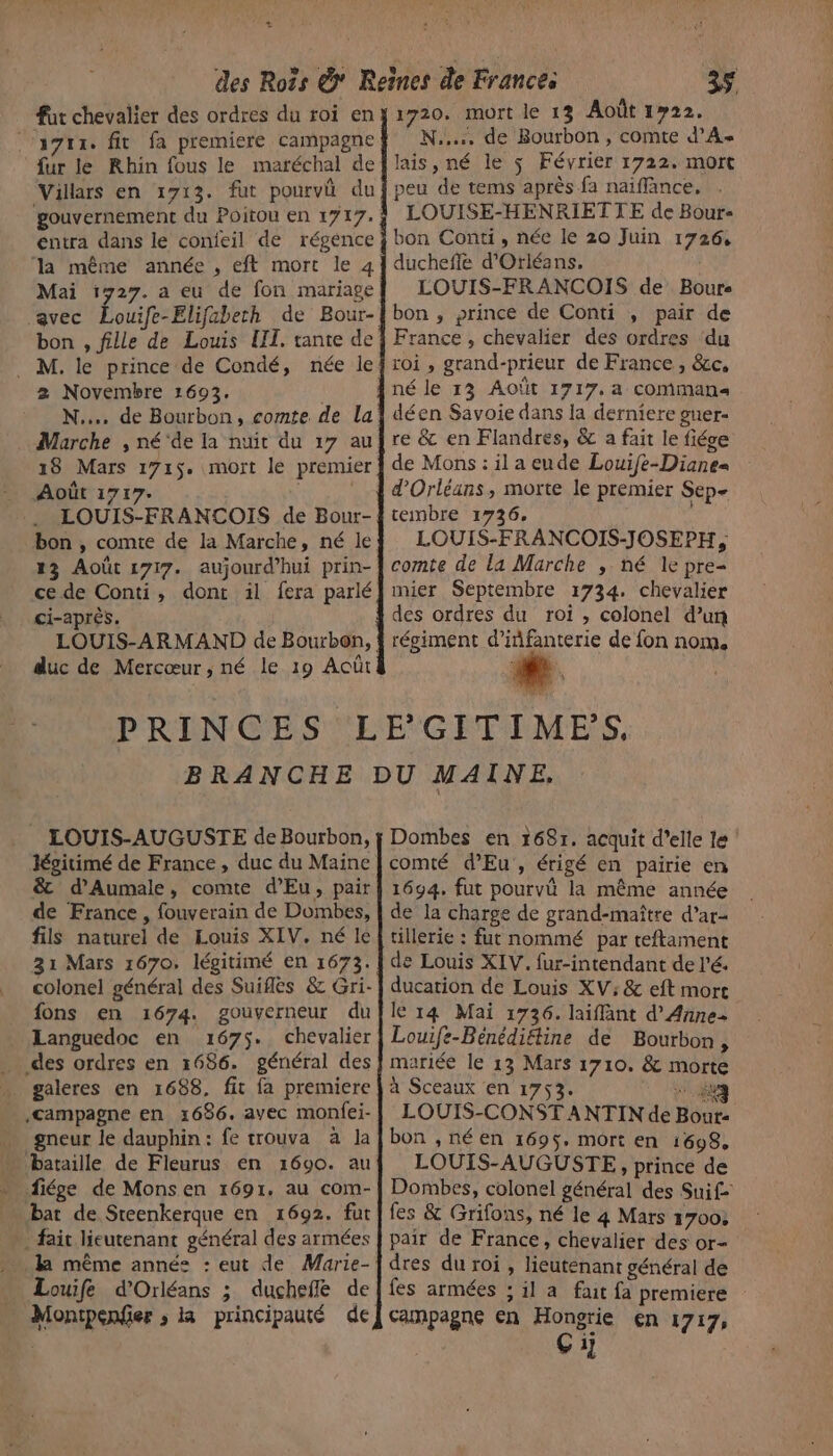 ‘a7rx. fit fa premiere campagne fur le Rhin fous le maréchal de Villars en 1713. fut pourvû du gouvernement du Poitou en 1717. entra dans le conjeil de régence la même année , eft mort le 4 Mai 1727. a eu de fon mariage bon , fille de Louis LIT. tante de 2 Novembre 1693, N.... de Bourbon, comte de la 18 Mars 1715. mort le premier Août 1717. | LOUIS-FRANCOIS de Bour- bon , comte de la Marche, né le 23 Août 1717. aujourd’hui prin- ce de Conti, dont il fera parlé ci-après. duc de Mercœur, né le 19 Acût N..... de Bourbon, comte d'A lais, né le js Février 1722. mort peu de tems après fa naïffance, . LOUISE-HENRIETIE de Bour- bon Conti, née le 20 Juin 17264 ducheffe d'Orléans, LOUIS-FRANCOIS de Bourse bon , prince de Conti , pair de France , chevalier des ordres ‘du roi , grand-prieur de France, &amp;c, né le 13 AoOït 1717, a comman« déen Savoie dans la derniere guer- re &amp; en Flandres, &amp; a fait le fiéce de Mons : il a eude Louife-Diane= d'Orléans, morte le premier Sep- tembre 1736, | LOUIS-FRANCOIS-JOSEPH, cornte de la Marche , né le pre- mier Septembre 1734. chevalier régiment d’iñfanterie de fon nom. .. LOUIS-AUGUSTE de Bourbon, Jésitimé de France, duc du Maine &amp; d’Aumale, comte d’Eu, pair de France , fouverain de Dombes, fils naturel de Louis XIV. né le 31 Mars 1670, légitimé en 1673. colonel général des Suiflés &amp; Gri- fons en 1674. gouverneur du Languedoc en 1675. chevalier . des ordres en 1686. général des … galeres en 1688, fit fa premiere campagne en x1686. avec monfei- … gneur le dauphin: fe trouva à Ja bataille de Fleurus en 1690. au fiége de Mons en 1691. au com- bat de Sreenkerque en 1692. fut » fait lieutenant général des armées Louife d'Orléans ; duchefle de Montpçnfier ; la principauté de Dombes en 1681. acquit d’elle le comté d’Eu , érigé en pairie en 1694. fut pourvû la même année de la charge de grand-maître d’ar- tillerie : fut nommé par teftament de Louis XIV. fur-intendant de l’é. ducarion de Louis XV: &amp; eft mort le 14 Mai 1736. laiflant d’Annez Louift-Bénédiftine de Bourbon, mariée le 13 Mars 1710. &amp; morte à Sceaux en 1753. Re | LOUIS-CONST A NTIN de Bouts bon ,néen 1695. mort en 1698, LOUIS-AUGUSTE, prince de Dombes, colonel général des Sui£ fes &amp; Grifons, né le 4 Mars 1700, pair de France, chevalier des or- dres du roi , lieutenant général de fes armées ; il a fait fa premiere campagne en Hongrie en 1717, Ci]