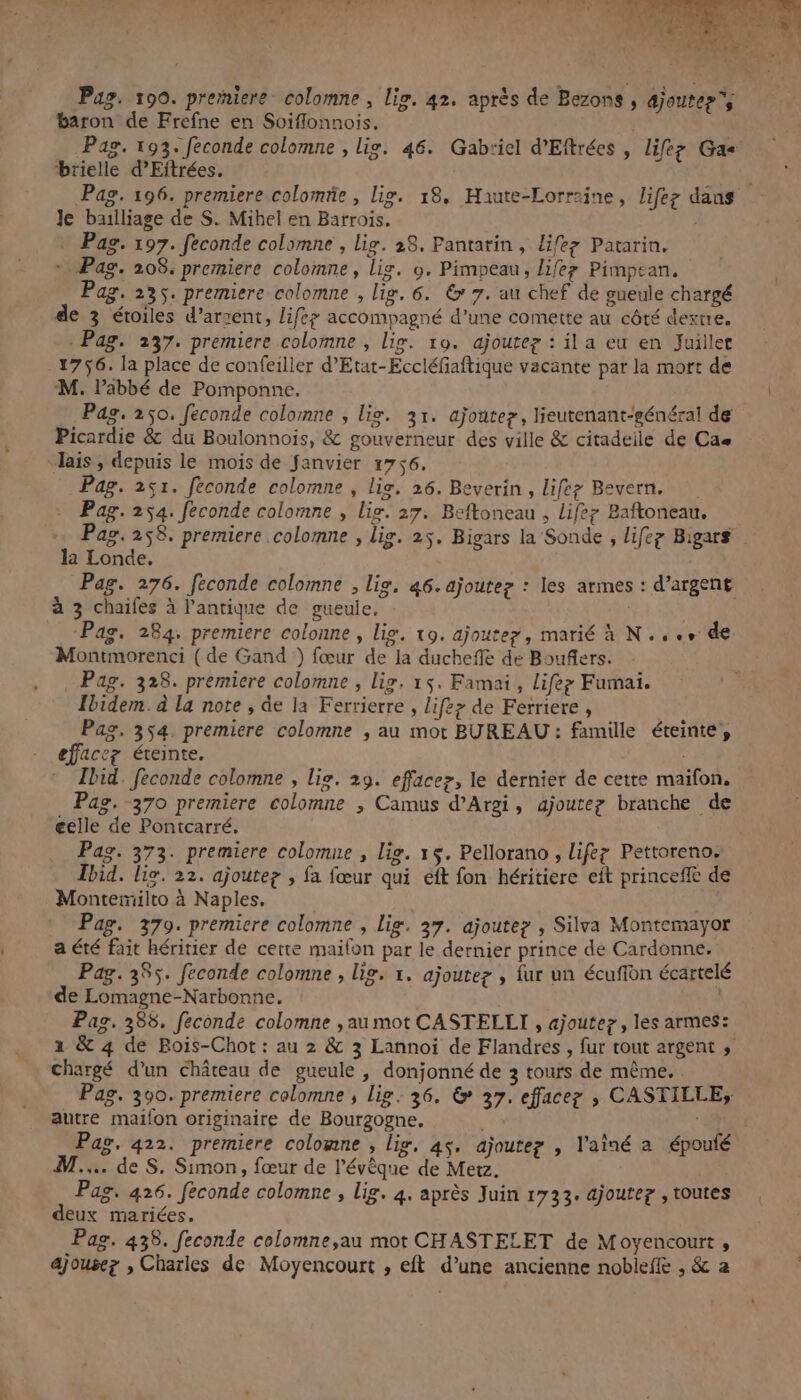 Pag. 190. premiere colomne , Li. 42. après de Bezons , ajoute? baron de Frefne en Soiflonnois. | Pag. 193. feconde colomne , lig. 46. Gabriel d’Eftrées , lifez Gas brielle d’Eftrées. | Pag. 196. premiere colomre , lig. 18, Haute-Lorraine, lifez dans Je baulliage de S. Mihel en Barrois. + Pag. 197. feconde colomne , lig. 28. Pantarin, lifeéz Patarin. * Pag. 208. premiere colomne, lig. 9. Pimpeau, lifez Pimpean, Pag. 235. premiere colomne , lig, 6. &amp; 7. au chef de gueule chargé de 3 étoiles d’arsent, lifey accompagné d’une comette au côté dextre. : Pag. 237. premiere colomne , lig. 10. ajoutez : il a eu en Juiller 1756. la place de confeiller d’Etat-Eccléfaftique vacante par la mort de M. l'abbé de Pomponne. Pag, 250, feconde colomne , lix. 31. ajoutez, lieutenant-général de Picardie &amp; du Boulonnois, &amp; gouverneur des ville &amp; citadeile de Cas lais , depuis le mois de fanvier 1756. Pag. 251. feconde colomne , lig. 26. Beverin, life Bevern. Pag. 254. feconde colomne , lig. 27. Beftoneau , Lifez Baftoneau. Pag. 258. premiere colomne , lig. 25, Bigars la Sonde , lifez Bigars la Londe. Pag. 276. feconde colomne , lig, 46. ajoutez : les armes : d'argent à 3 chaifes à l'antique de gueule. Pag. 284. premiere colonne, lie. 19. ajoutez, marié à N.,., de. Montmorenci ( de Gand }) fœur de la ducheffé de Boufers. , Pag. 328. premiere colomne , lix. 15. Famai, Liféz Fumai. Ibidem. à la note , de la Ferrierre , lifez de Ferriere , Pag. 354. premiere colomne , au mot BUREAU : famille éteinte, effacez éteinte. Ibid. feconde colomne , lie. 29. effacez, le dernier de cette maifon. Pag. 370 premiere colomne ; Camus d’Argi, ajoute? branche de eelle de Pontcarré, Pag. 373. premiere colomne , lig. x$. Pellorano , lifez Pettoreno. Ibid. lig. 22. ajoutez , fa fœur qui eft fon héritiere eit princeffe de Monteilto à Naples. Pag. 379. premiere colomne , lie. 37. ajoutez , Silva Montemayor a été fait héritier de certe mailon par le dernier prince de Cardonne. Pag. 395. feconde colomne , lig. 1. ajoutez , fur un écuñfon écartelé de Lomagne-Narbonne. Pag. 388. feconde colomne , au mot CASTELLI , ajoutez, les armes: 1 &amp; 4 de Bois-Chot : au 2 &amp; 3 Lannoi de Flandres , fur tout argent ; chargé d'un château de gueule , donjonné de 3 tours de même. . Pag. 300. premiere colomne , lig. 36. &amp; 37. effacez ; CASTILLE; autre maifon originaire de Bourgogne. 4 Pag, 422. premiere colowne , lig, 4s. ajoutez , l'aîné a époufé M... de S. Simon, fœur de l’évèque de Metz. Pag. 426. féconde colomne , Lig. 4. après Juin 1733. ajoutez , toutes deux mariées. Pag. 438. feconde colomne,au mot CHASTELET de Moyencourt , ajousez , Charles de Moyencourt , eft d’une ancienne nobieffe , &amp; a