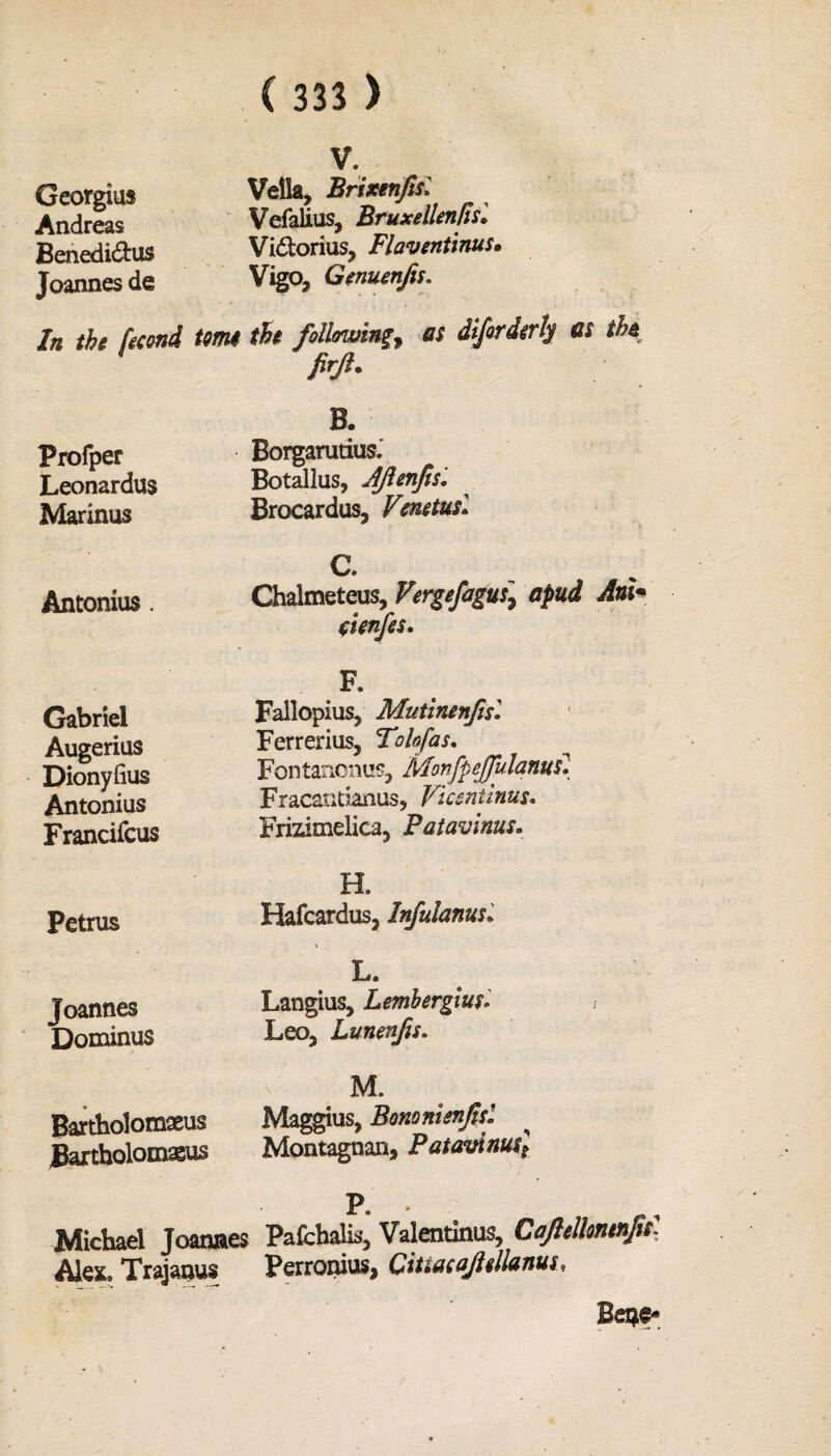 Georgius Andreas Benedidus Joannes de ( 333 ) V. Vella, Brixmfisl Vefalius, Bruxellenfisl Vidorius, Flaventinus, Vigo, Genuenjis. In the fecund tern the following as difirdertj as tht firji. Profper Leonardus Marinas B. Borgarutius.' Botallus, Jjhnfis. Brocardus, Vmtusl Antonius. C. Chalmeteus, Vergefagus.\ apud Anl• (ienfes. Gabriel Augerius Dionyfius Antonius Francifcus F. Fallopius, Mutinenfis'. Ferrerius, Tolofas. Fontanonus, Monfpejfulanus• Fracantianus, Vicentinus. Frizimelica, Patavinus. Petrus H. Hafcardus, Infulanus, Joannes Dominus L. Langius, Lmbergiw* Leo, Lunenfis. Bartholonmis Bartholomasus M. Maggius, Bononienjtsl Montagtian, Patavinusl Michael Joannes Pafchalis, Valentinus, Cajhllmmfit\ Alex, Trajatsus Perronius, Cittacajitllanus,