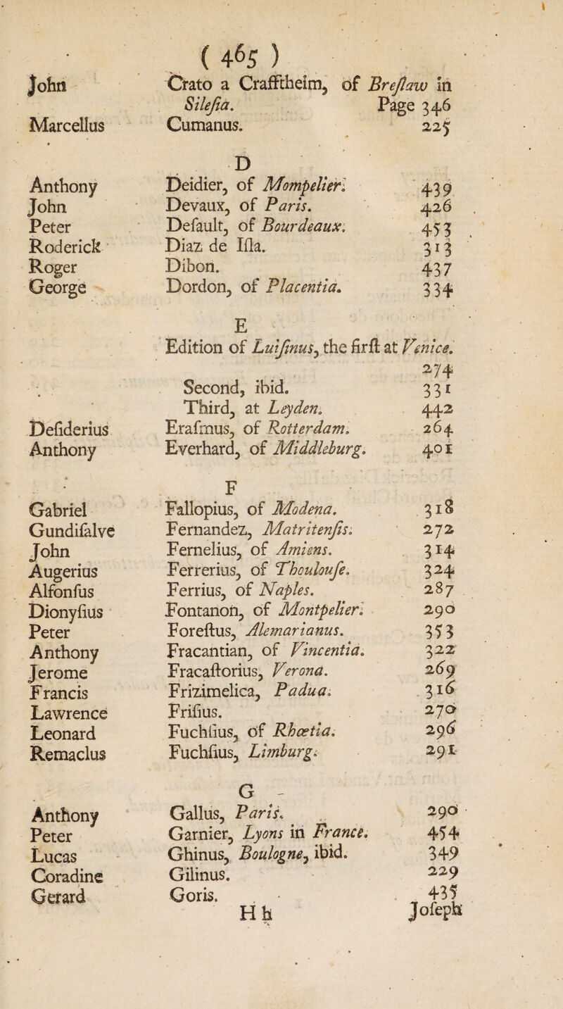 ( 4(>5 ) John Grato a Crafftheim, of Brejlaw in Silefia. Page 346 Marcellus Cumanus. 225 D Anthony Deidier, of Mompelierl 439 John Devaux, of Paris. 426 Peter Default, of Bourdeaux, 453 Roderick Diaz, de Ida. 313 Roger Dibon. 43 7 George Dordon, of Placentia. 334 E Edition of Luijinus, the fir ft at Vmice. Second, ibid. 274 331 Befiderius Third, at Leyden. Erafmus, of Rotterdam: 442 264 Anthony Everhard, of Middleburg. 401 Gabriel F Fallopius, of Modena. 318 Gundifalve Fernandez, Matritenjis. 272 John Fernelius, of Amiens. 3I4 Augerius Ferrerius, of Thouloufe. 324 Alfonfus Ferrius, of Naples. 287 Dionyfius Fontanon, of Montpelier. 290 Peter Foreftus, Alemarianus. 353 Anthony Fracantian, of Vincentia. 322 Jerome Fracaftorius, Verona. 2 69 Francis Frizimelica, Padua. 3i(S Lawrence Frifius. 27<> Leonard Fuchlius, df Rhcetia. 29^ Remaclus Fuchfius, Limburg. 291 Anthony G - Gallus, Paris. 290> Peter Gamier, Lyons in France. 454 Lucas Ghinus, Boulogne, ibid. 349 Coradine Gilinus. 229 Gerard Goris. 435 Hh Jofepb