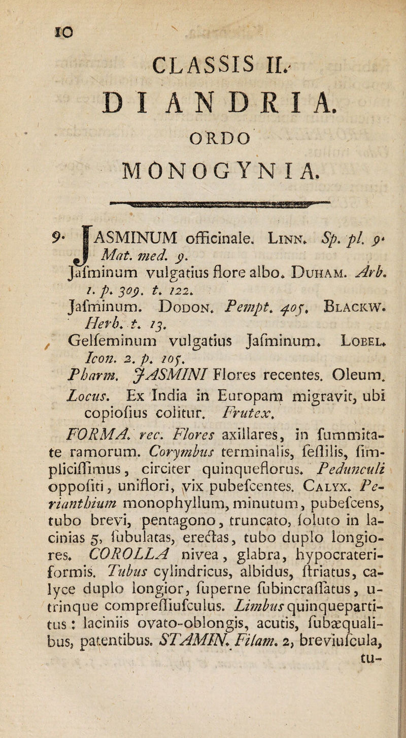 X classis ir, DI ANDRIA. ORDO MONOGYNIA. 9* FaSMINUM ofEcinale, Linn* Sp. pl p* «P Mat. med. g. j ai minum vulgatius flore albo* Duham. Arb. i. p. 309. t. 122«. Jaiminum. Dodon* Pempt. p.oj, Blackw. Herbat. 13. / Gelfeminum vulgatius Jafminurm Lobel* Icon. 2. p. 10f. Pbarm. JASMINI Flores recentes. Oleum. Locus. Ex India in Europam migravit, ubi copiofius colitur. Frutex. FORMA,, ree. Flores axillares, in futnmita¬ te ramorum. Corymbus terminalis, feflilis, fim- pliciflimus, circiter quinqueflorus* Pedunculi oppofiti, uniflori, vix pubefeentes. Calyx* Pe- riantbium monophyllum, minutum, pubefeens, tubo brevi, pentagono, truncato, foluto in la¬ cinias 5, tubulatas, erectas, tubo duplo longio¬ res* COROLLA nivea, glabra, hypocrateri- formis. Tubus cylindricus, albidus, ftriatus, ca¬ lyce duplo longior, fuperne fubincraflatus, u- trinque compreffiufculus. Limbus quinqueparti¬ tus : laciniis ovato-oblongis, acutis, fubsequali- bus, patentibus. STAMIN. Filam. 2, breviufcuJa, tu-
