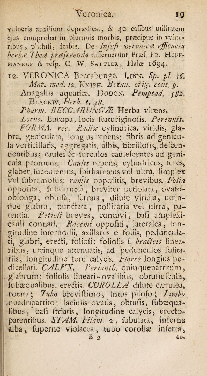 vulneris auxilium deprsedicat, & 40 cafibus utilitatem ejus comprobat in plurimis morbis, praecipue in vulne¬ ribus , phthiii, {cibie. De Infuji veronica efficacia herbee Ibece pr ce ferenda difleruerunt Praeii Fr. Hoff- mannus & refp. G. W. Sattler., Hala 1^94. 12, VERONICA Beccabunga» Linn» Sp. pl i6\ Mat> mecL 12. KnIph. Botaiu orig> cent,$. Anagaliis aquatica» DoDon» Pemptad, $82. BlAckw. Herb. t. pS. Pharm. BECCABUNGfE Herba virens» Locus. Europa, locis fcaturiginofis. Perennis» FORMA, rec. Radix cylindrica, viridis* gla¬ bra, geniculata, longius repens: fibris ad genicu¬ la verticillatis, aggregatis, albis, fibriiiofis, defeem dentibus ; caules & furcnlos eanlefcentes ad geni¬ cula promens. Caulis repens, cylindricus-, teres* glaber, fuceulemus, fpithamreus vel ultra, fimplex Vel fubramofus: ramis oppoFitis* brevibus» Folia oppofita, fubcarnofa, breviter petiolata, ovato- oblonga, obtnfa, ferrata * dilute viridia* utrin- que glabra, pundata J pollicaria vel ultra * pa¬ tentia. Petioli breves* concavi, hafii afnplexi- Cauli connati» Racemi oppofiti * laterales , lon¬ gitudine internodii, axillares e foliis* pedunctila* ti, glabri, eredi, folioli: Foliolis f. braBeis linea* ribus, utrinque attenuatis, ad pedunculos fonta¬ nis, longitudine fere calycis. Flores longius pe- dicellati. CALFX. Perianth\ quinquepartitum, glabrum: foliolis lineari - ovalibus, obtufiulcuiis, fub^qualibus, eredis. COROLLA dilute caerulea, rotata; Tubo brevifllmo, intus piiofo; Limbo ^quadripartito: laciniis ovatis, obtufis, fubaxjua* libus, bafi ftriatis, longitudine calycis, eredo- patentibus. STAM. Filam. 2 , fubulata, inferne alba* fuperne violacea, tubo corolla inferta, B 2 eo»