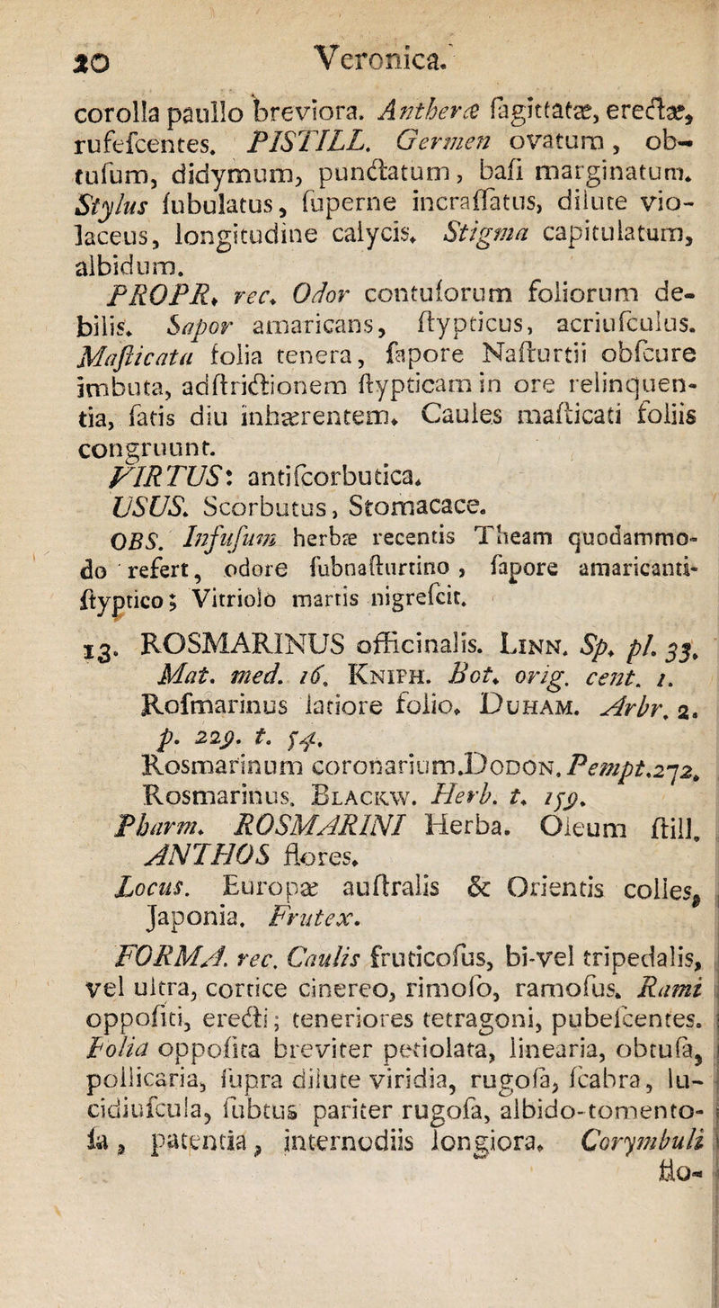corolla paullo breviora. Antherce fagittatse, erecta*, rufefcentes. PISTILL. Germen ovatura, ob- tufum, didymum, pundatum, bafi marginatum* Stylus fubulatus, fuperne incrafTatus, dilute vio¬ laceus, longitudine calycis. Stigma capitulatum, albidum. PROPR♦ rec, Odor contuforum foliorum de¬ bilis. Sapor amaricans, fiypticus, acriufculus. jMafticata folia tenera, fapore Nafturtii obfcure imbuta, adftridionem ftypticam in ore relinquen¬ tia, fatis diu inhserentem. Caules mafticati foliis congruunt. VIRTUS: antifcorbutica. USUS.. Scorbutus, Stomacace. OBS. Infufmn herbre recentis Tlieam quodammo¬ do refert, odore fubnafturtino , fapore amaricanti- ftyptico; Vitriolo martis nigrefcir. 13. ROSMARINUS officinalis. Linn. Sp, pL 55. Mat. med. 16\ Knifh. Bot. orig. cent. /. Rofmarinus latiore folio, Duham. Arbr. 2. p. 22p. t. Rosmarinum coronariumJDoDON. Pempt.272, Rosmarinus. Blackav. Herb. /yy?. Pharm. ROSMARINI Herba. Oleum ftill ANI HOS flores. Locus. Europa? auftralis &amp; Orientis colles* Japonia. Frutex. FORMA. frr. Caulis fruticofus, bi-vel tripedalis, vel ultra, cortice cinereo, rimofb, ramofus. Rami oppofiti, eredi; teneriores tetragoni, pubefcentes. i lolia oppofita breviter petiolata, linearia, obtufa5 i pollicaria, lupra dilute viridia, rugofa, fcabra, lu- cidiufcula, fubtus pariter rugofa, aibido-tomento- 1 la , patpmia, internodiis longiora, Corymbuli \