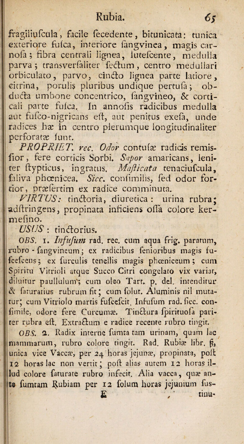 f Rubia. 6$ fragiliufcala, facile fecedente, bitunicata: tunica exteriore fulca, inferiore fengvinea, magis car- nofa; fibra centrali lignea, iutefcente, medulla parva ; transverfaliter lectum, centro medullari orbiculato, parvo, ,cindto lignea parte latiore, citrina, porulis pluribus undique pertufa; ob- duda umbone concentrico, langvineo, &amp; corti¬ cali parte fu lea. In annofis radicibus medulla aut fufeo-nigricans e(t, aut penitus exefa, unde radices hx in centro plerumque iongitudinaliter perforatee funt. PROPRIET1 rec. Odor contufe radicis remis- fior, fere corticis Sorbi. Sapor amaricans, leni¬ ter ftyptieus, ingratus, Mafticata cenaciufcula., faliva phoenicea. Sicc* confimiiis, fed odor for¬ tior, prsefertim ex radice comminuta. VIRTUS: tindloria, diuretica : urina rubra j adftringens, propinata inficiens offa colore ker- mefino. USUS : tinefiorius. OBS, i. Infufum rad. rec. cum aqua frig. paratum, rubro * fangvineum; cx radicibus fenioribus magis fu- fcefcens; ex furculis tenellis magis phceniceum ; cum Spiritu Virrioli arque Succo Citri congelato vix variat, diluitur paullulunf; cum oleo Tart. p, dei. inrendirur &amp; laturarius rubrum fit* cum folur. Aluminis nil muta¬ tur* cum Vitriolo martis fufcefcit, Infufum rad. ficc. con- limile, odore fere Curcuma?. TinGura fpirituofa pari¬ ter rubra eft. ExtraGum e radice recenre rubro tingit. OBS. 0.. Radix interne fumta tam urinam, quam lac mammarum, rubro colore ringit. Rad. Rubiae libr. (?,. unica vice Vacca?, per 24 horas jejunae, propinata, poli 12 horas lac non vertit; poli alias aurem 12 horas il¬ lud colore faturate rubro infecit. Alia vacca, quae an- !t« fumtam Rubiam per 12 foium horas jejunium fus- £ ,' tinu-