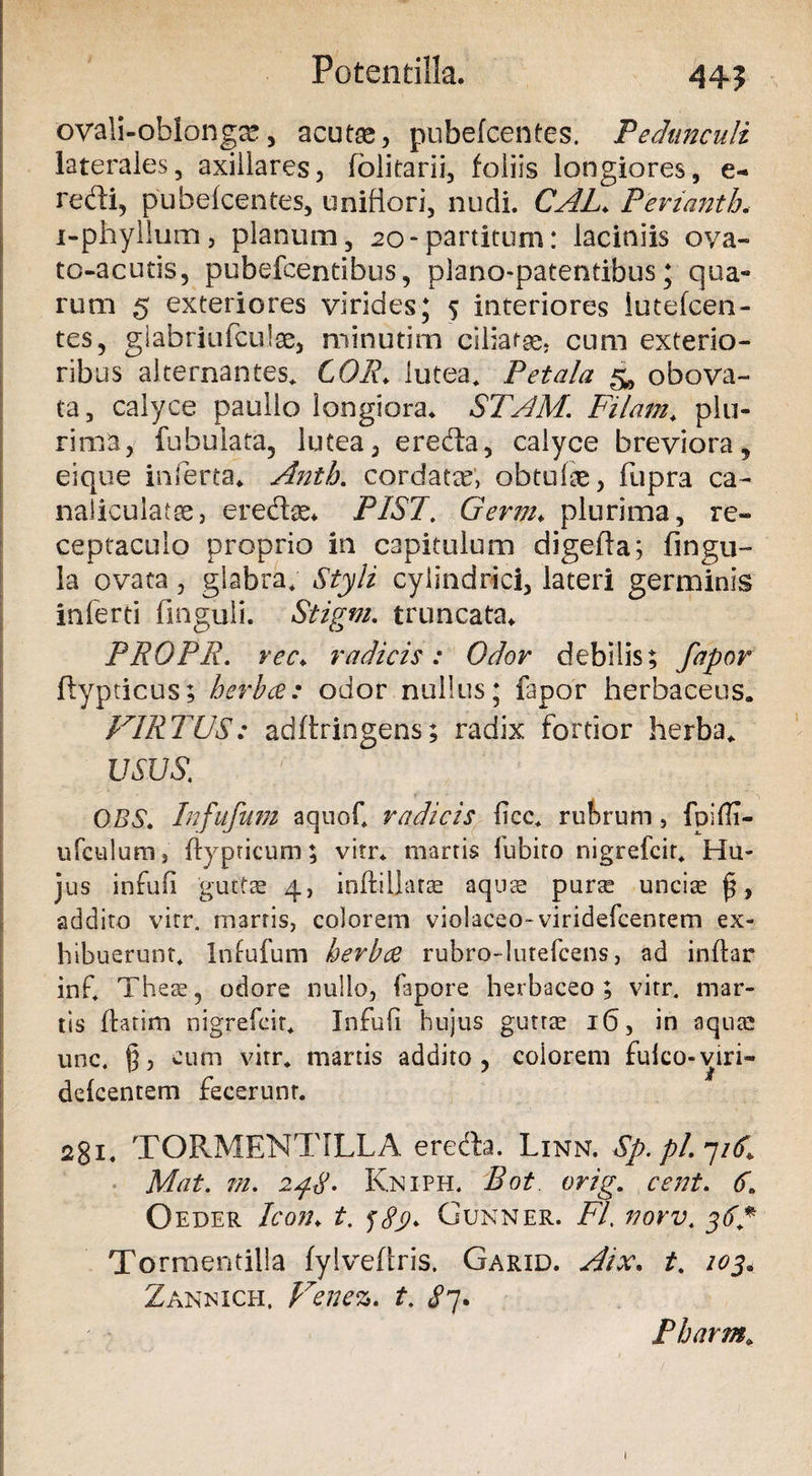 44? ovali-obiongae, acutae, pubefcentes. Pedunculi laterales, axillares, folitarii, foliis longiores, e- redi, pubefcentes, tmifiori, nudi. CAL. Ferianth. i-phyllum, planum, 20-partitum: laciniis oya- to-acutis, pubefcentibus, plano-patentibus; qua¬ rum 5 exteriores virides; 5 interiores iutefcen- tes, giabriufculae, minutim ciliatae, cum exterio¬ ribus alternantes. COR. lutea. Petala &amp; obova- ta, calyce paullo longiora. STAM. Filam. plu¬ rima, fabulata, lutea, ereda, calyce breviora, eique inferta. Anth. cordane, obtulae, fupra ca¬ naliculatae, eredae* PIST, Germ. plurima, re¬ ceptaculo proprio in capitulum digefla; fingu- la ovata, glabra. Styli cylindrici, lateri germinis inferti finguli. Stigm. truncata. PROPR. vec. radicis: Odor debilis; fapor ftypticus; herbee: odor nullus; fepor herbaceus. VIRTUS: adftringens; radix fortior herba. USUS.; OBS. Infufum aquof. radicis ficc. rubrum, fbifTT- ufculum, fiypticum; vitr. marris fubito nigrefeir. Hu¬ jus infufi guttas 4, inflillarae aquae purae uncis addito virr. marris, colorem violaceo-viridefcentem ex¬ hibuerunt. Infufum herbee rubro-lutefeens, ad inflar inf. These, odore nullo, fapore herbaceo; vitr. mar¬ ris flarim nigrefeir. Infufi hujus guttae 16, in aqute unc. fi, cum vitr. manis addito, eoiorem fulco-viri- defeentem fecerunt. 281. TORMENTILLA ereda. Linn. Sp. pl 7/tfl Mat. m. 248- Kniph. Bot orig. cent. tf. Oeder Icon. Gunner. /7. jtff* Tormentilla fylveftris, Garid. Aix. /03. Zannich. Fenez. t. <£7. Pharm. t