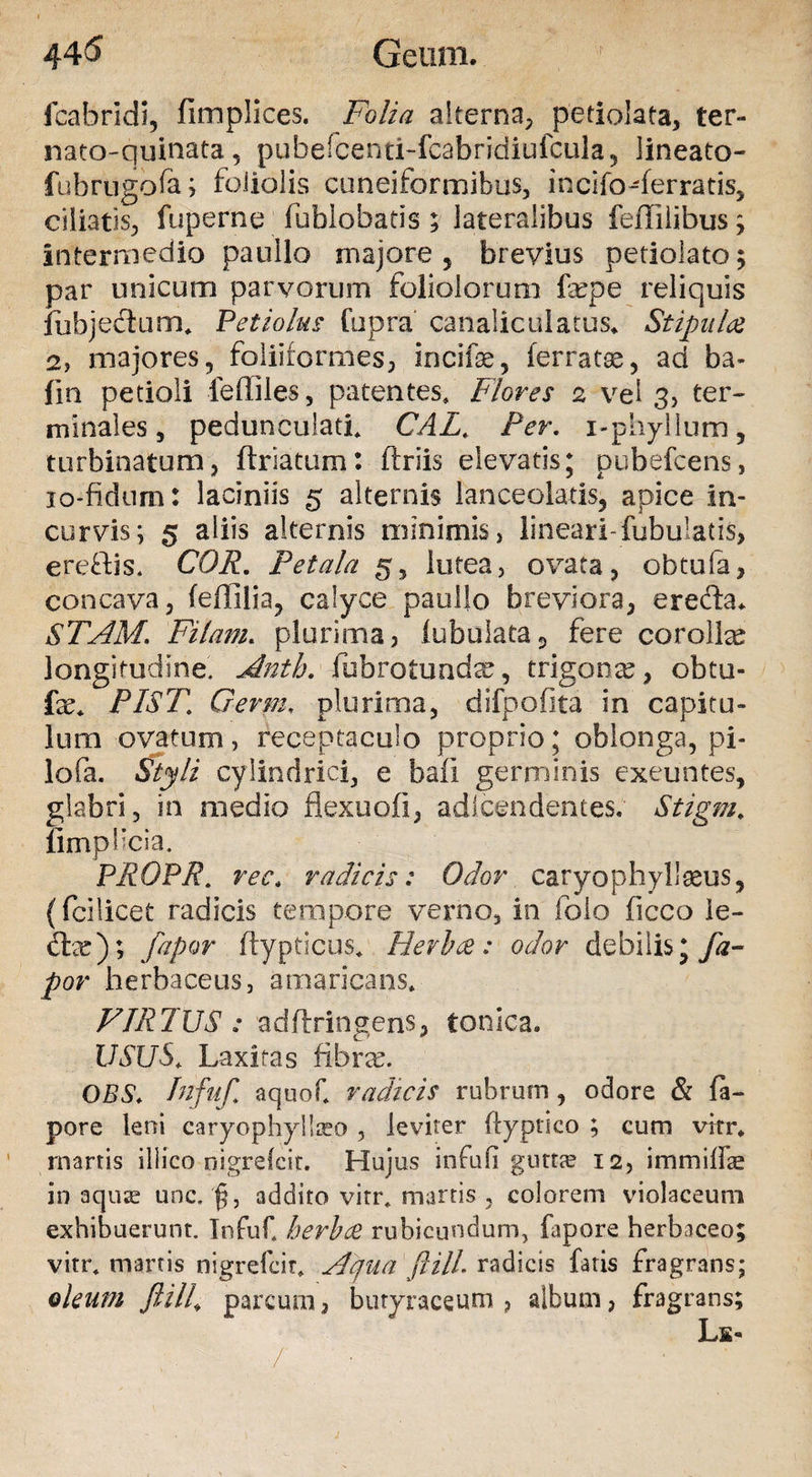 fcabridi, fimplices. Folia alterna, petiolata, ter- nato-quinata, pubefcenti-fcabridiufcula, lineato- fubrugofa; foliolis cuneiformibus, incifo-ferratis, ciliatis, fuperne fublobatis; lateralibus feflilibus; intermedio paullo majore , brevius petiolato; par unicum parvorum foliolorum fa?pe reliquis jfubjedum* Petiolus Cupra canaliculatus* Stipula 2, majores, foliiformes, incifae, ferratae, ad ba- fin petioli iefiiles, patentes* Flores 2 vel 3, ter¬ minales, peduneulati* CAL* Per. i-phyllum, turbinatum, ftriatum: ftriis elevatis; pubefcens, 10-fidum: laciniis 5 alternis lanceolatis, apice in¬ curvis; 5 aliis alternis minimis, lineari-fubulatis, eredis. COR. Petala lutea, ovata, obtufa, concava, feflilia, calyce paulio breviora, ereda* STAM. Filam. plurima, lubulata2 fere corollae longitudine, Antb. iubrotundx, trigona, obtu- fx* PIST\ Cerm, plurima, difpofita in capitu¬ lum ovatum, receptaculo proprio; oblonga, pi- lofa. Styli cylindrici, e bafi germinis exeuntes, glabri, in medio flexuofi, adlcendentes. Stigm. limplicia. PROPR. ree. radicis: Odor caryophylleeus, (fcilicet radicis tempore verno, in foio ficco le- da?); fapor ftypticus* Herba: odor debilis; fa- por herbaceus, amaricans* VIRTUS : adftringens, tonica. USUS* Laxitas fibra?. OBS* Infuf. aquof* radicis rubrum, odore &amp; fa- pore leni caryophylbeo , leviter fiyptico ; cum vitr* marris illico nigrefcit. Hujus infufi guttte 12, immiffae inaquas unc. addito vitr* marris , colorem violaceum exhibuerunt. Infuf* herba rubicundum, fapore herbaceo; vitr* marris nigrefcit* Aqua flilL radicis fatis fragrans; oleum ftill\ parcum, butyraceum , album, fragrans; Lk- /