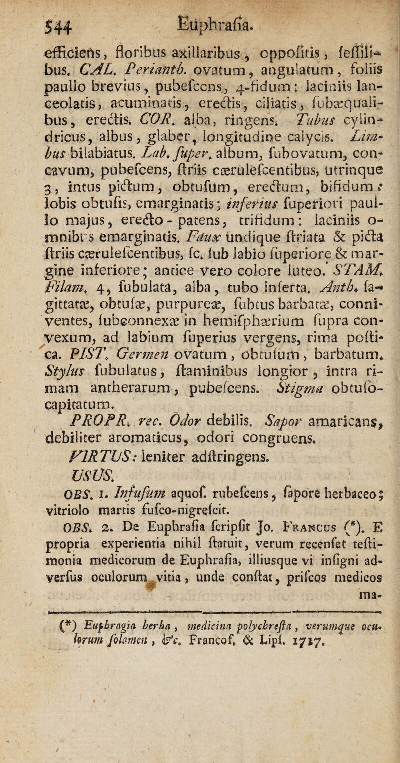 eflficiefts, floribus axillaribus , oppofitis, bus* CAL. Perianth. ovatum, angulatum, foliis paullo brevius, pubefcens, 4-fidum: laciniis lan- ceoiatiS) acuminans, eredis, ciliatis5 fubxquali- bus, eredis* COR\ alba, ringens* Tubus eylin^ dricus, albus, glaber, longitudine calycis. Lim¬ bus bilabiatus. Lab, fuper. album, fubovatum, con¬ cavum, pubefcens, ftriis caerulefcentibus, utrinque 3, intus pidum, obtufum, eredum, bifidum** lobis obtufis, emarginatis; inferius fuperiori paui- lo majus, eredo- patens, trifidum; laciniis o- mnibt s emarginatis. Faux undique flriata & pida ftriis cserulefcendbus, fc* fub labio fuperiore & mar¬ gine inferiore* andee vero colore luteo. STARL Filam, 4, lubulata, alba, tubo inferta. AnthAz** gittata?, obtuli, purpurea, fubtus barbata, conni- ventes, fubconnexsc in hemifphandum fupra con¬ vexum, ad labium fuperius vergens, rima pcfti- ca. VIST, Germen ovatum, obcufurh, barbatum* Stylus fubulatus > flaminibus longior , intra ri¬ mam antherarum, pubefcens. Stigma obtufo- capitatum. PROPR> ree. Odor debilis. Sapor amaricans, debiliter aromaticus, odori congruens, VIRTUS: leniter aditringens. USUS; OBS, 1* Infufum aquof. rubefcens, fapore herbaceo; vitriolo martis fufco-nigrefcit. OBS* 2. De Euphrafia fcriplit J<x Francus (*). E propria experientia nihil flatuit, verum recenfet tefli- monia medicorum de Euphrafia, illiusque vi inflgni ad- verfus oculorum vitia, unde conflat, prifcos medicos ma- (*) Eufhragia herha , medicina polycbrefla , verumqtie ocu• lorum folamsn t iste, Francof, & Liff. 17*7.